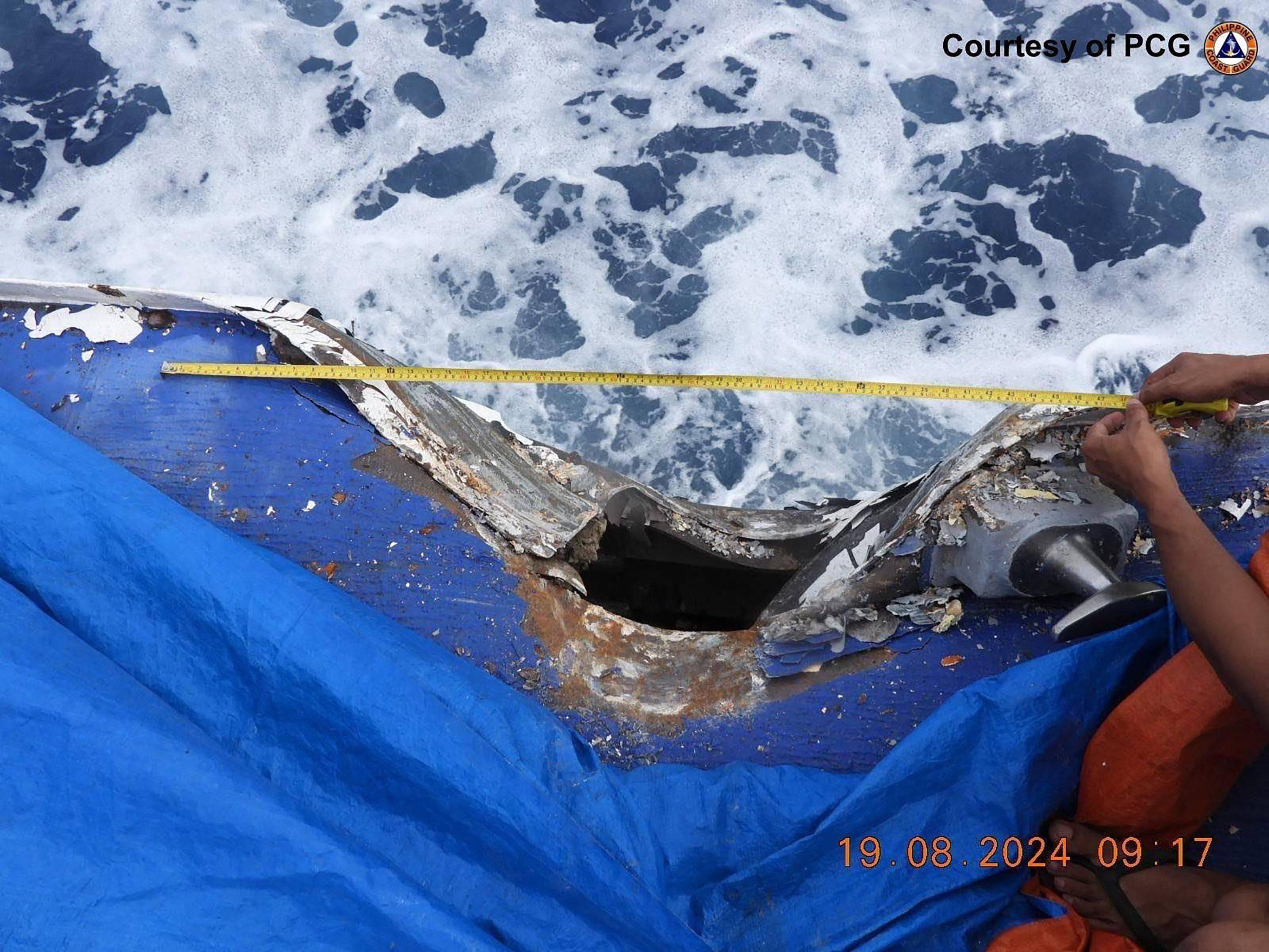 Damage to the Philippine coastguard ship BRP Cape Engano following a collision on August 19 with a Chinese coastguard vessel near Sabina Shoal in the South China Sea. Photo: AFP