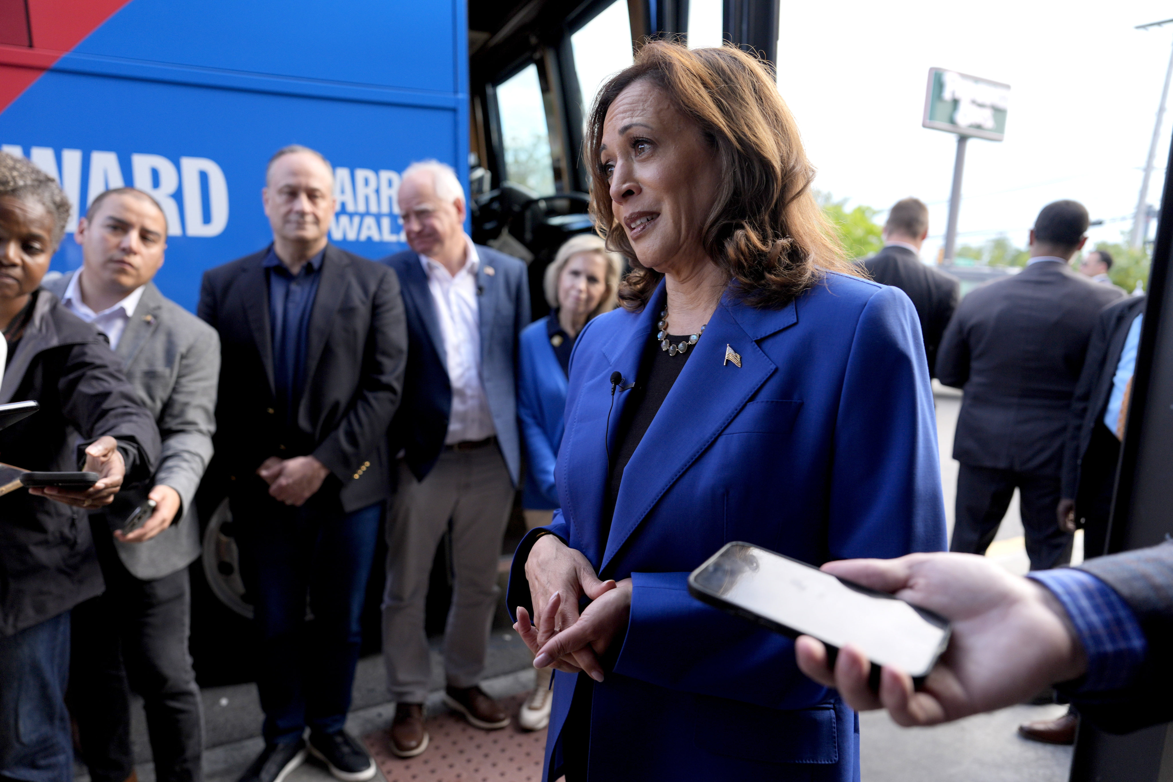 US Vice-President Kamala Harris speaks to reporters during a campaign stop in Pittsburgh Pennsylvania on Sunday. Photo: AP 