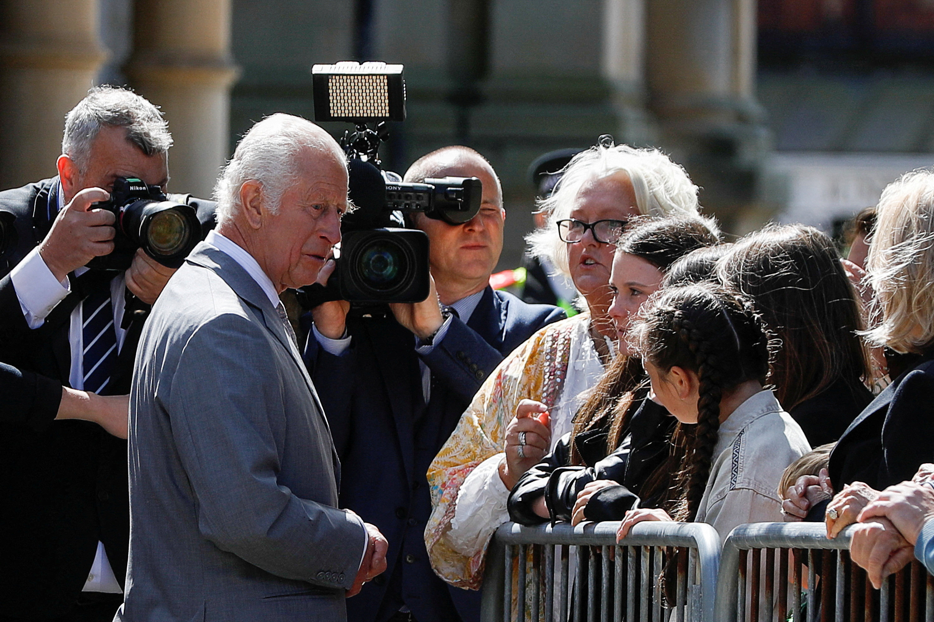 Britain’s King Charles meets with people affected by and family members of the victims of a mass stabbing attack in Southport, Britain, on August 20. Photo: Reuters