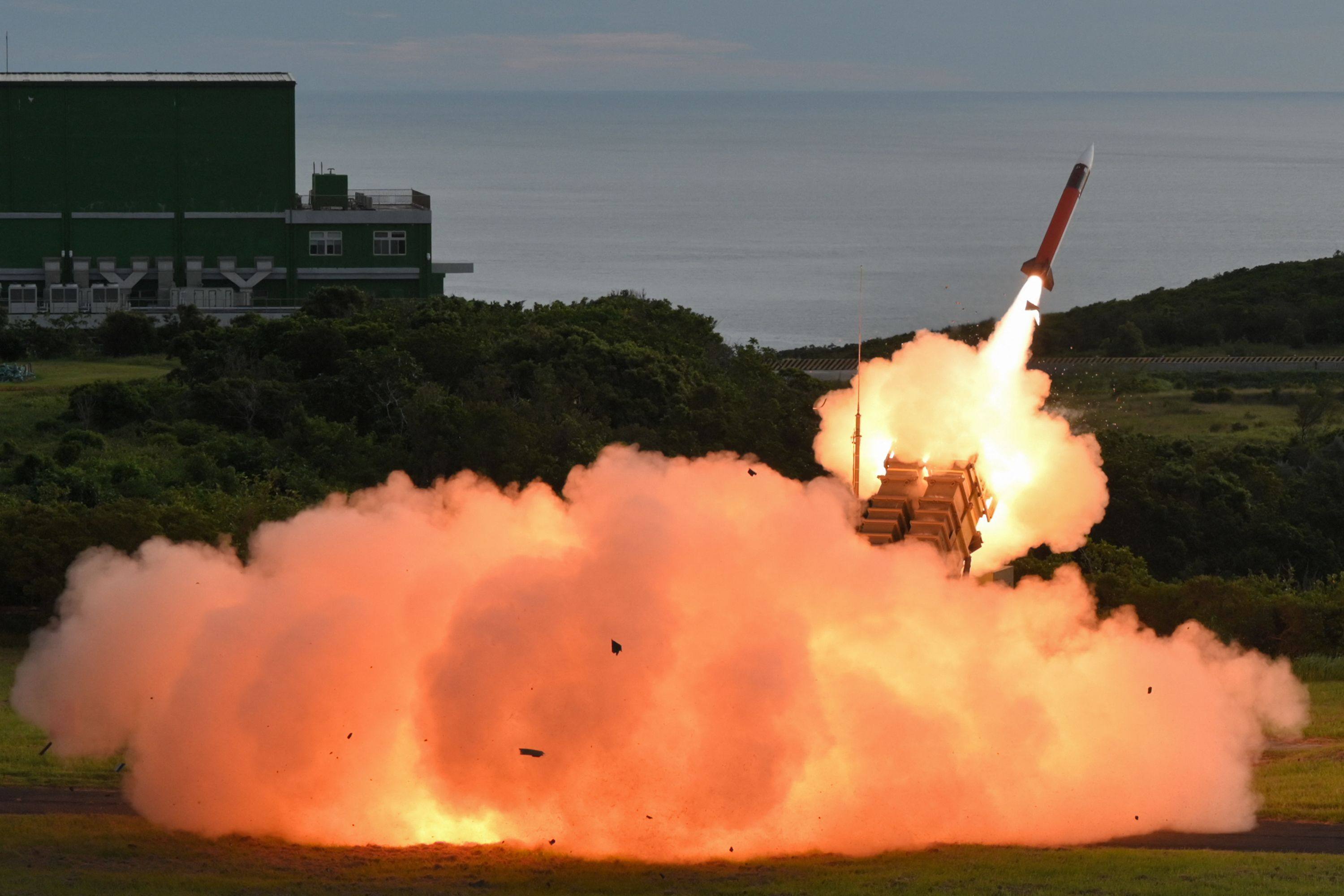 A US-made Patriot PAC-II surface-to-air missile is launched during Taiwan’s live-fire drill at the Jiupeng base on Tuesday. Photo: AFP