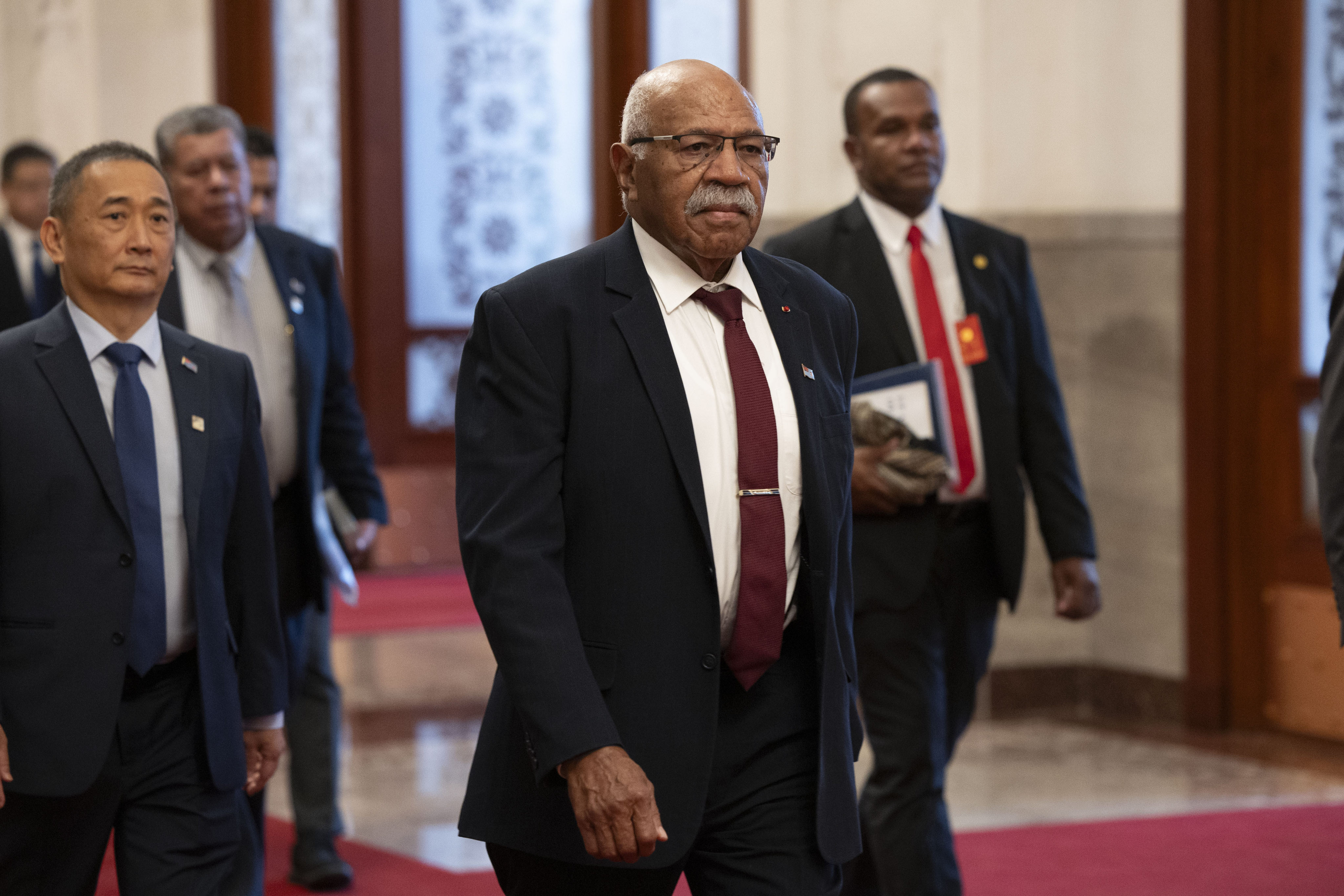 Fiji’s Prime Minister Sitiveni Rabuka arrives at the Great Hall of the People for a meeting with Chinese President Xi Jinping. Photo: AP