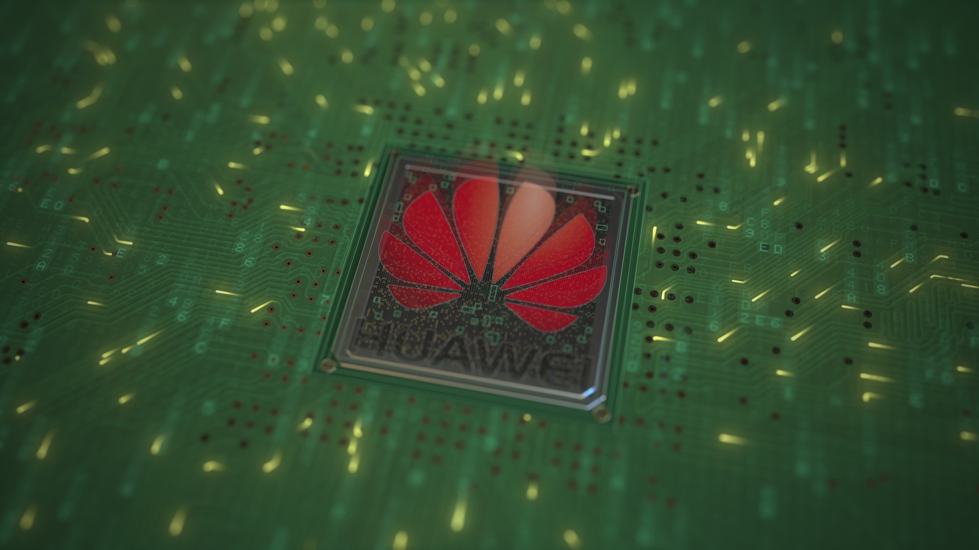 A conceptual illustration of the Huawei logo on a chip mounted to a computer circuit board. Photo:  Shutterstock Images