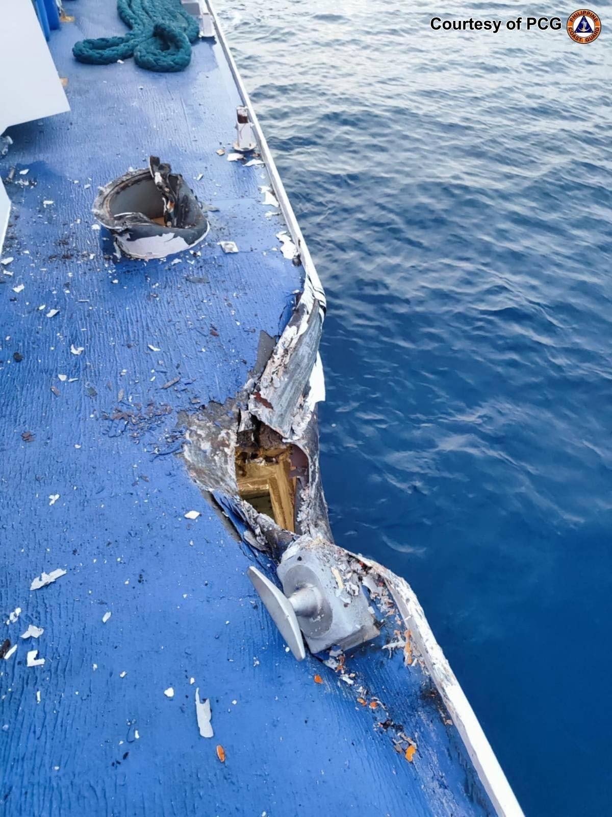 The damaged Philippine ship BRP Cape Engano following a collision with a Chinese coastguard vessel near Sabina Shoal in the South China Sea on August 19. Photo: EPA-EFE