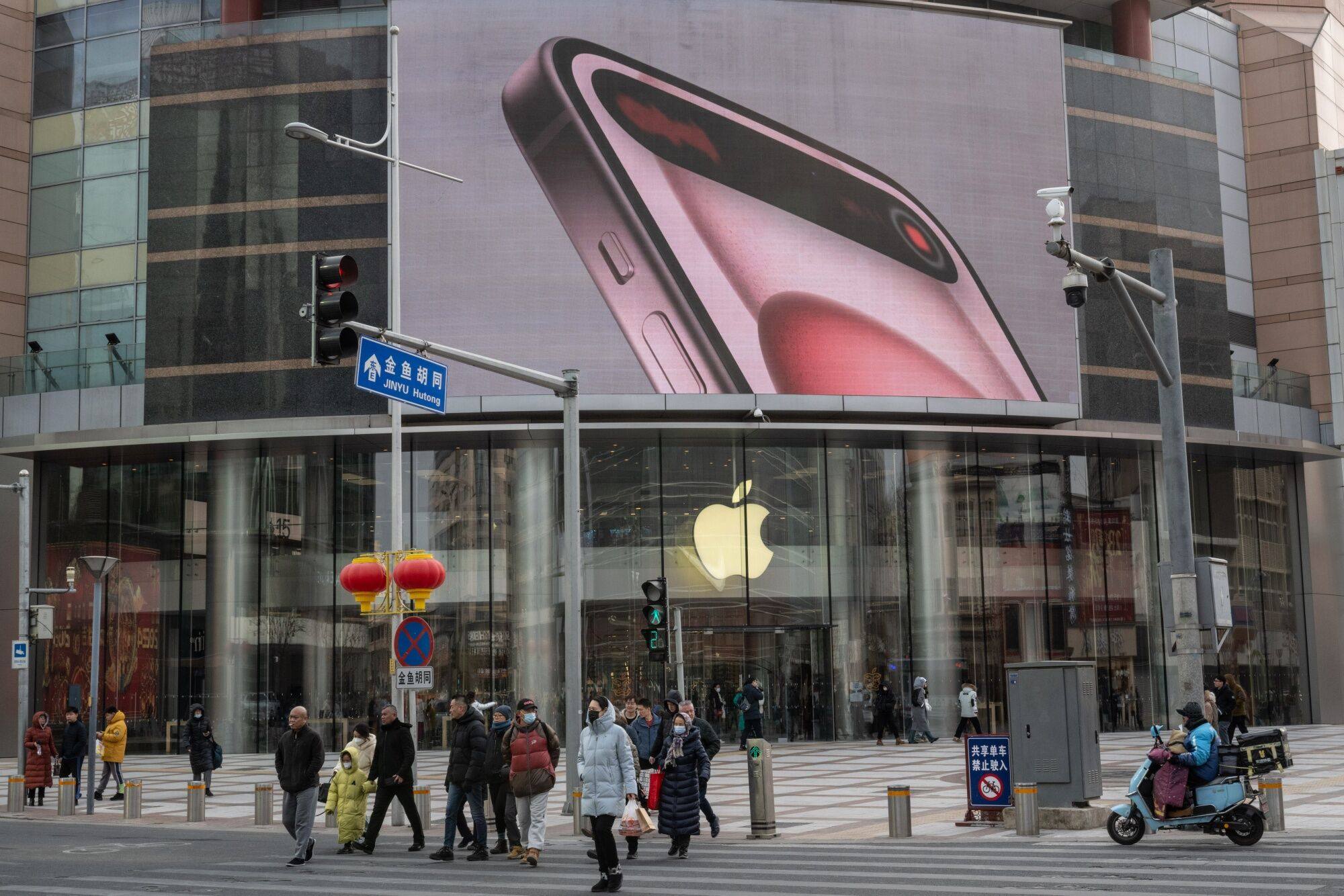 An Apple store in Beijing on February 2. Apple phones, once an undisputed status symbol in the eyes of Chinese youth, have seen a significant erosion of their market share in China. Photo: Bloomberg