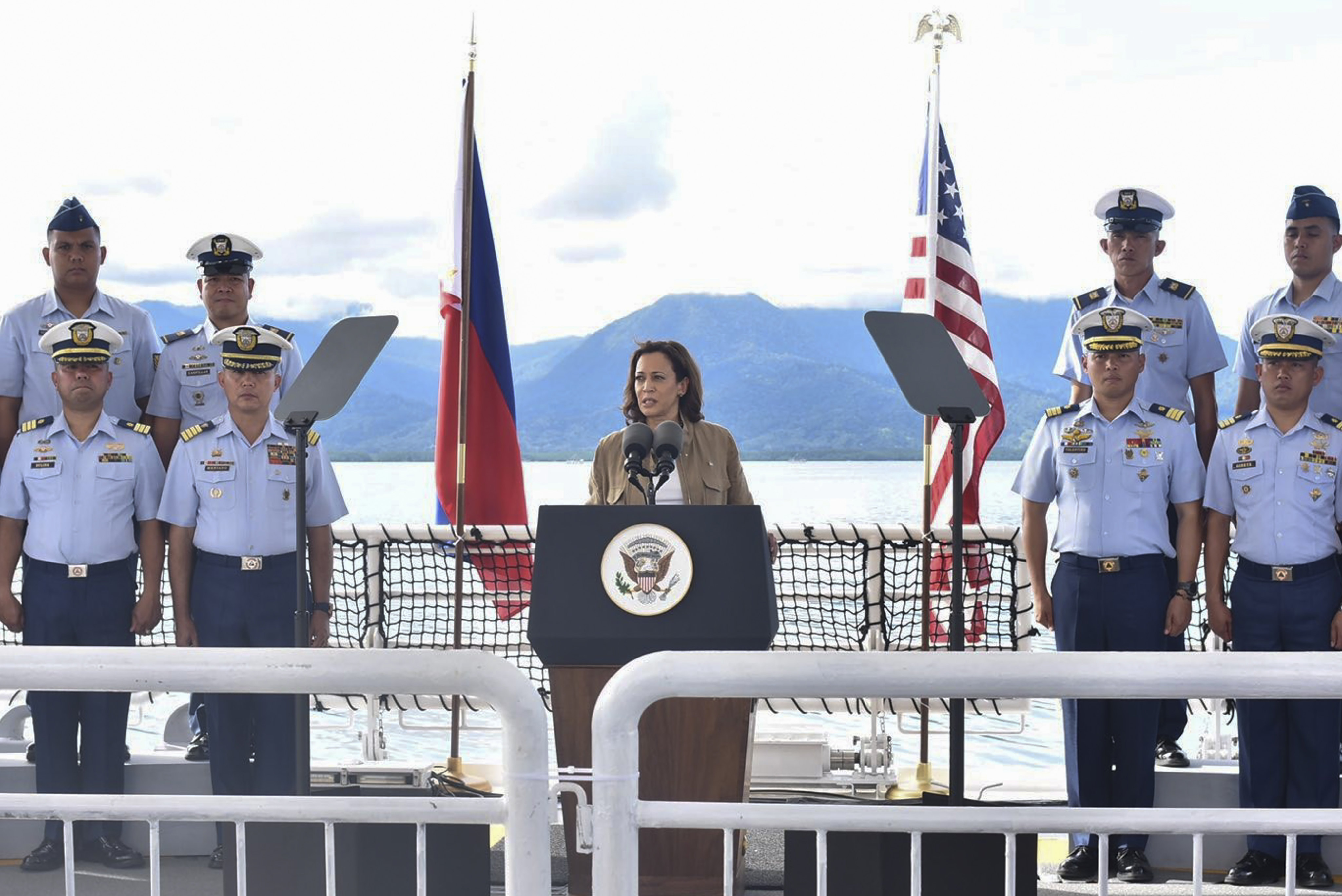 Kamala Harris speaks on board a Philippine coastguard ship during her visit to Palawan province, the Philippines, in November 2022. Photo: Philippine Coast Guard via AP