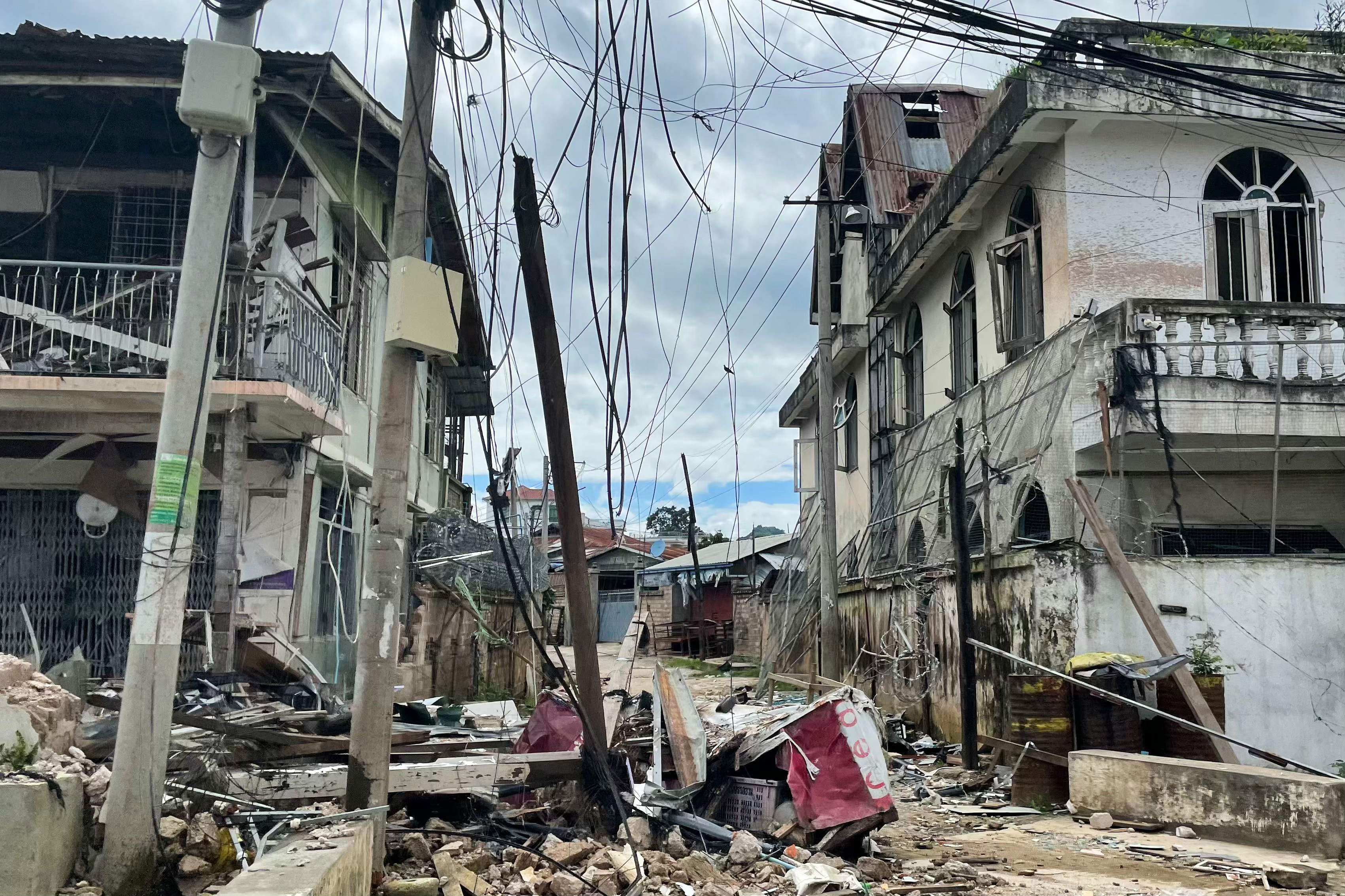 Damaged buildings are seen in Shan state, which borders China’s Yunnan province, following fighting between Myanmar’s military and Myanmar National Democratic Alliance Army in the region. Photo: AFP