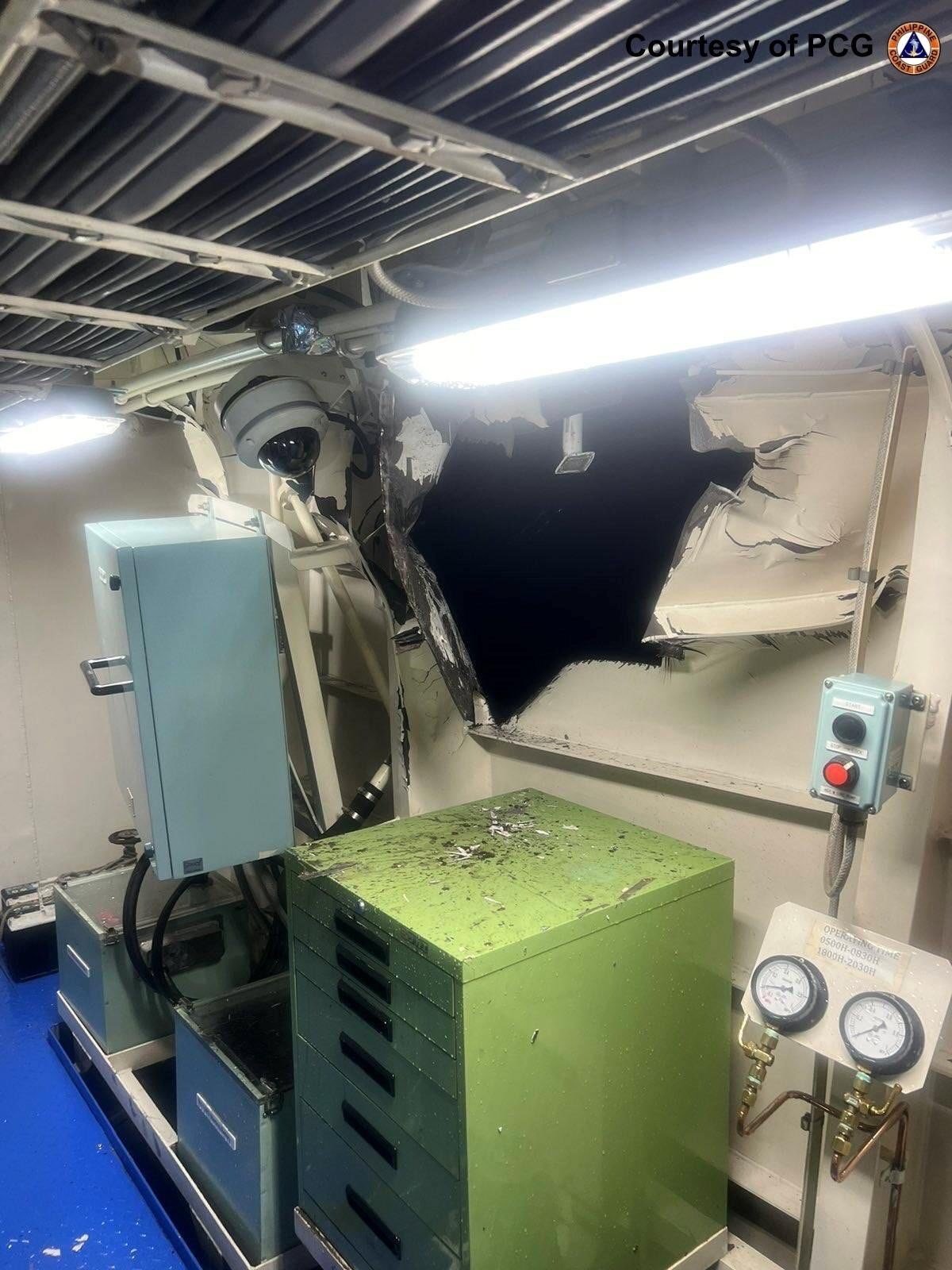 This handout photo taken by the Philippine coastguard shows damage to the BRP Cape Engano after a collision with a Chinese coastguard vessel on Monday near Sabina Shoal. Photo: AFP/Philippine Coast Guard