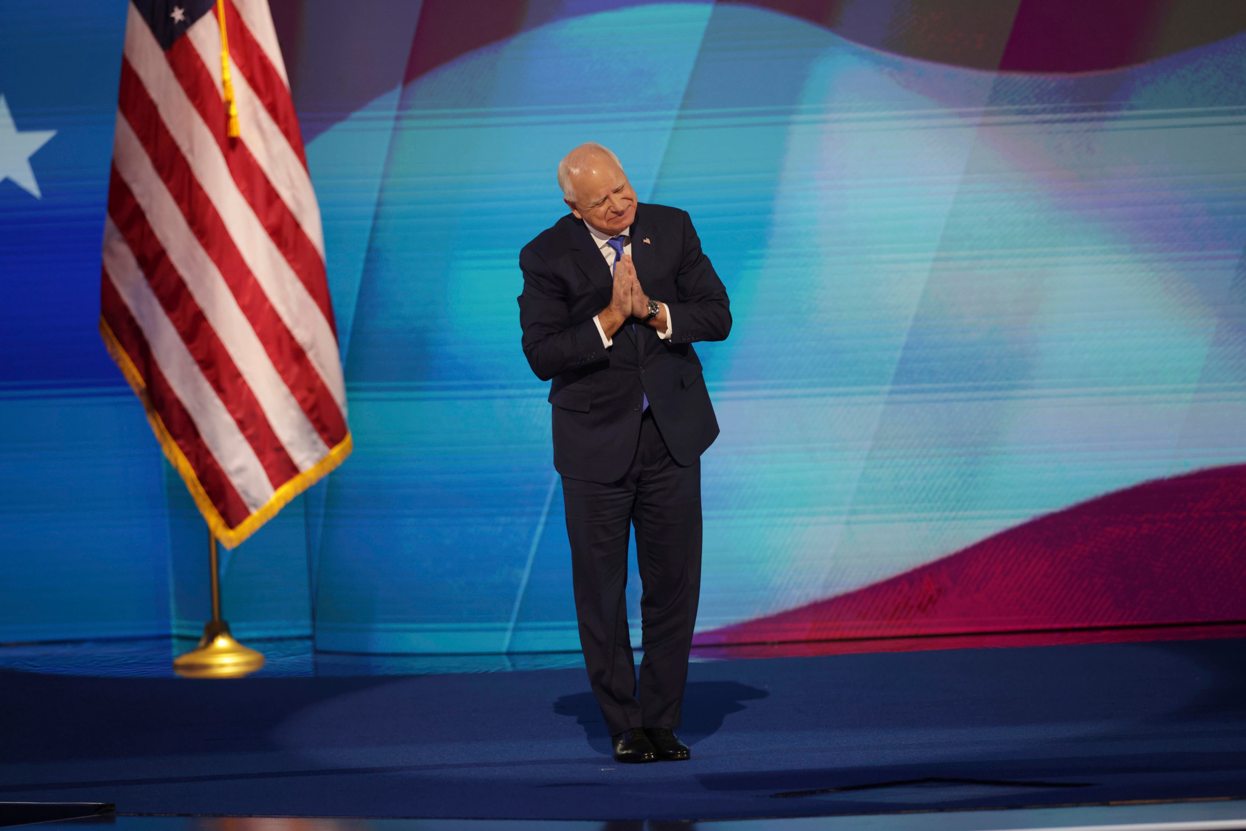 Minnesota Governor and Democratic vice-presidential nominee Tim Walz reacts as he speaks during the third day of the Democratic National Convention in Chicago, on August 21. Photo: San Francisco Chronicle via AP