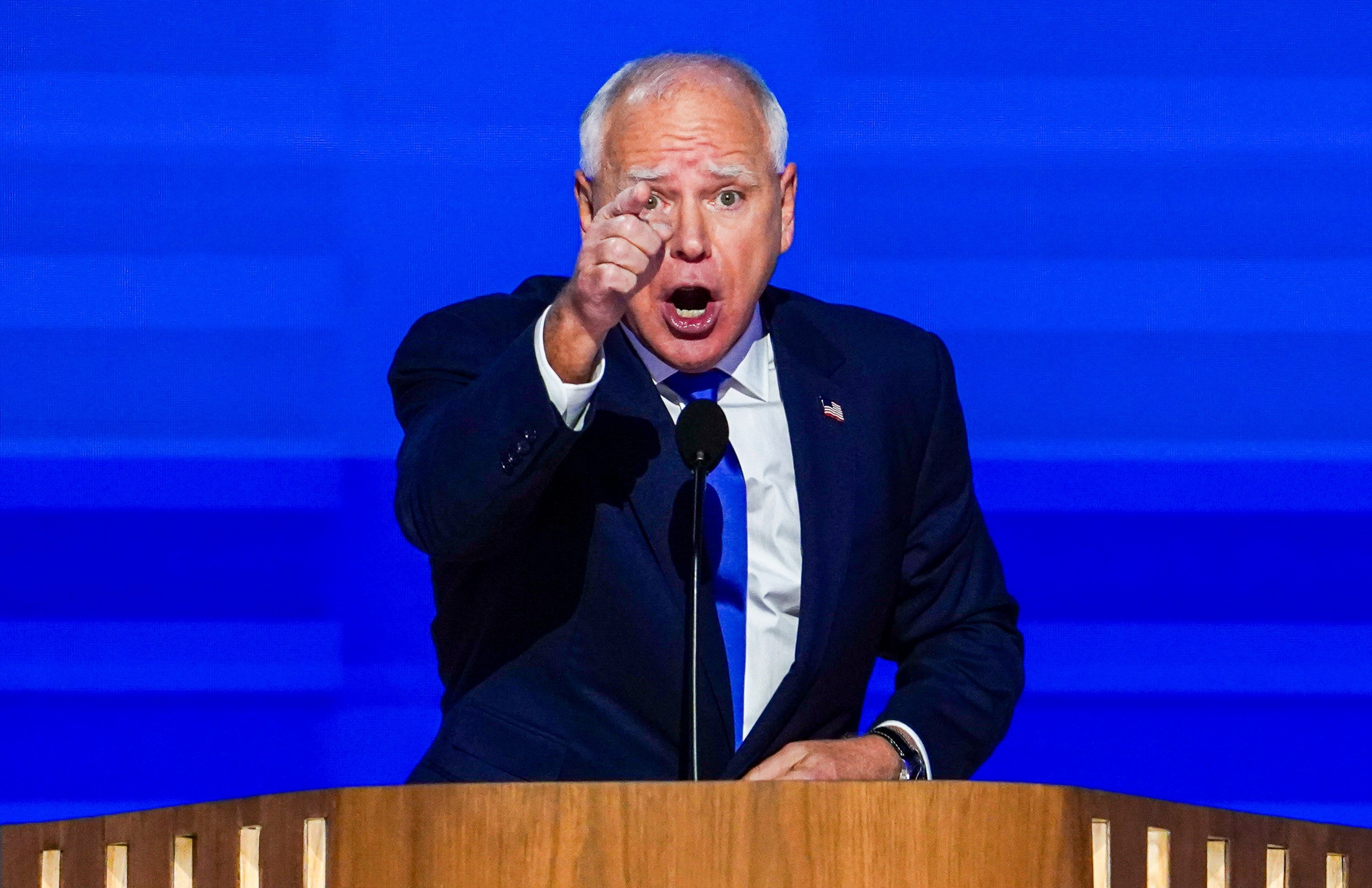 Governor of Minnesota and Democratic vice-presidential nominee Tim Walz speaks on the third night of the Democratic National Convention (DNC) at the United Center in Chicago. Photo: EPA-EFE