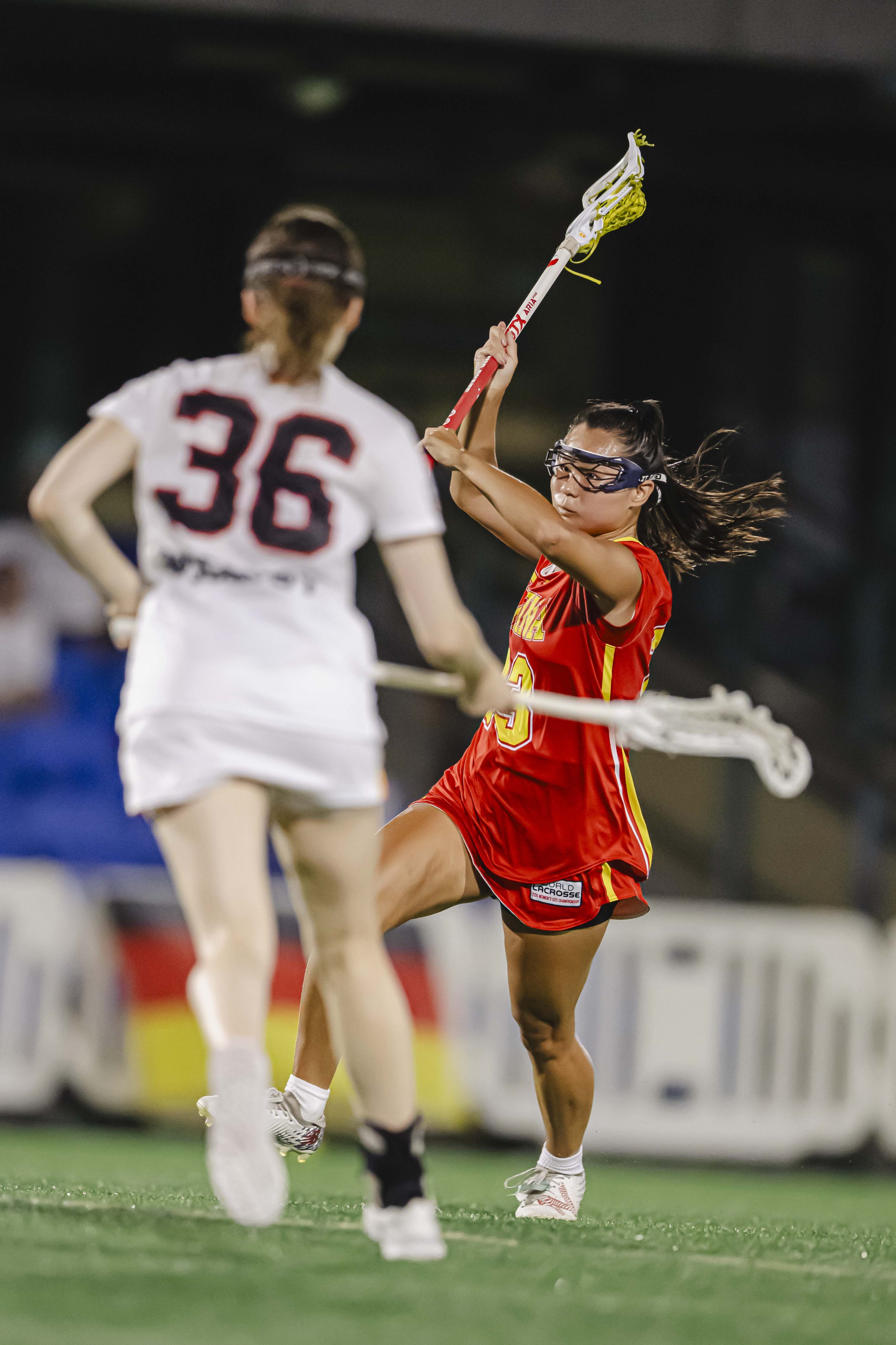 Kit Pingyu Zanelli (right) in action for China at the World Lacrosse Women’s U20 Championship. Photo: HKCLA