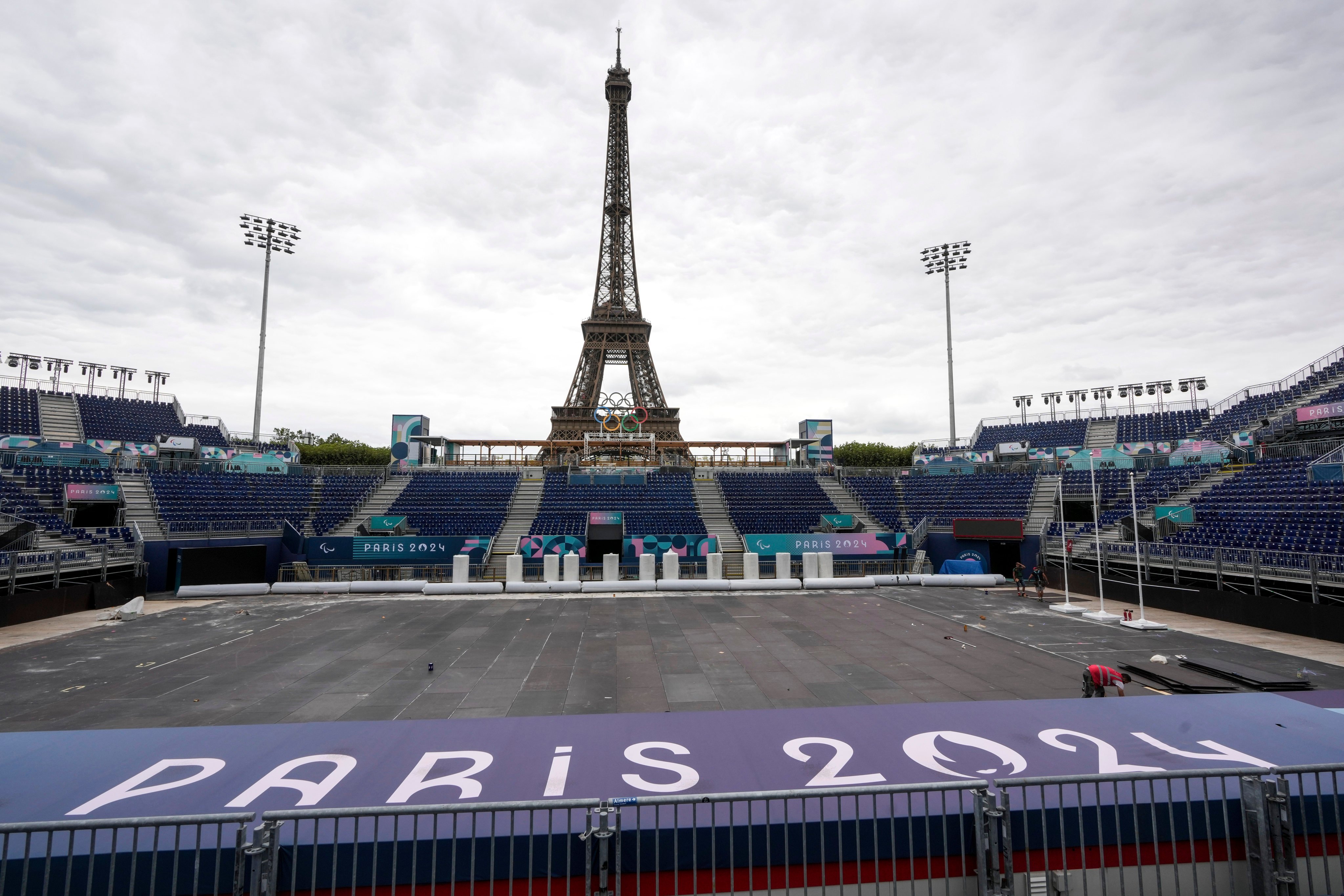 The venue of the beach volleyball at the Champ-de-Mars, at the base of the Eiffel Tower, is being converted into a pitch for blind football, one of the more popular events. Photo: AP