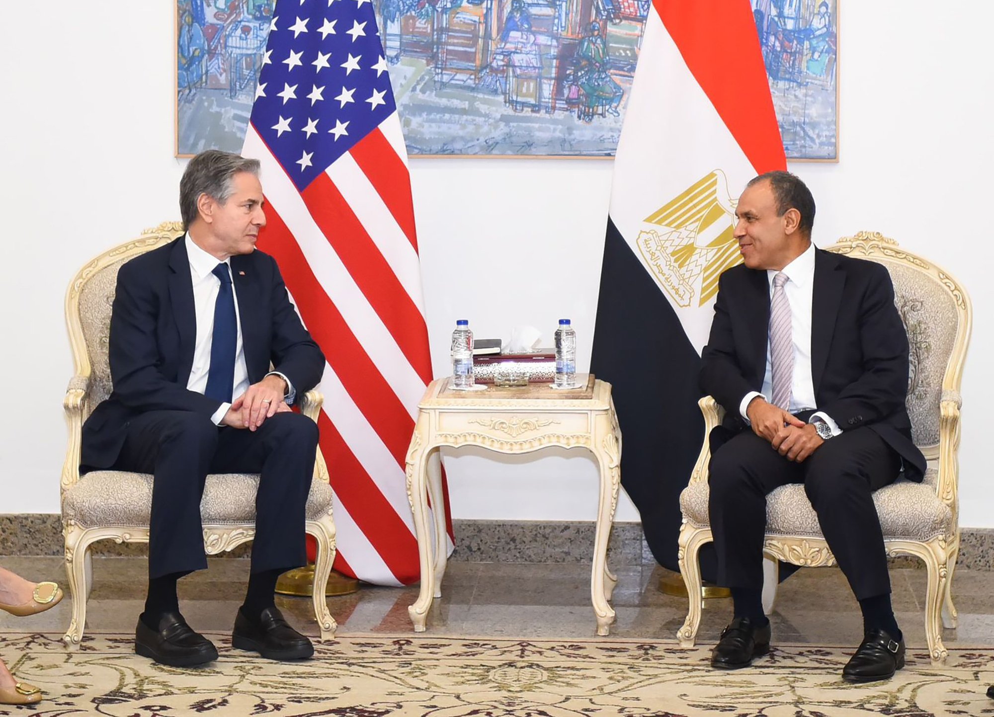 Egyptian Foreign Minister Badr Abdelatty (R) meeting with US Secretary of State Antony Blinken in El-Alamein, Egypt, on 20 August, 2024. Blinken arrived in Egypt following a visit to Israel for talks to discuss a ceasefire deal in Gaza. Photo: EPA-EFE