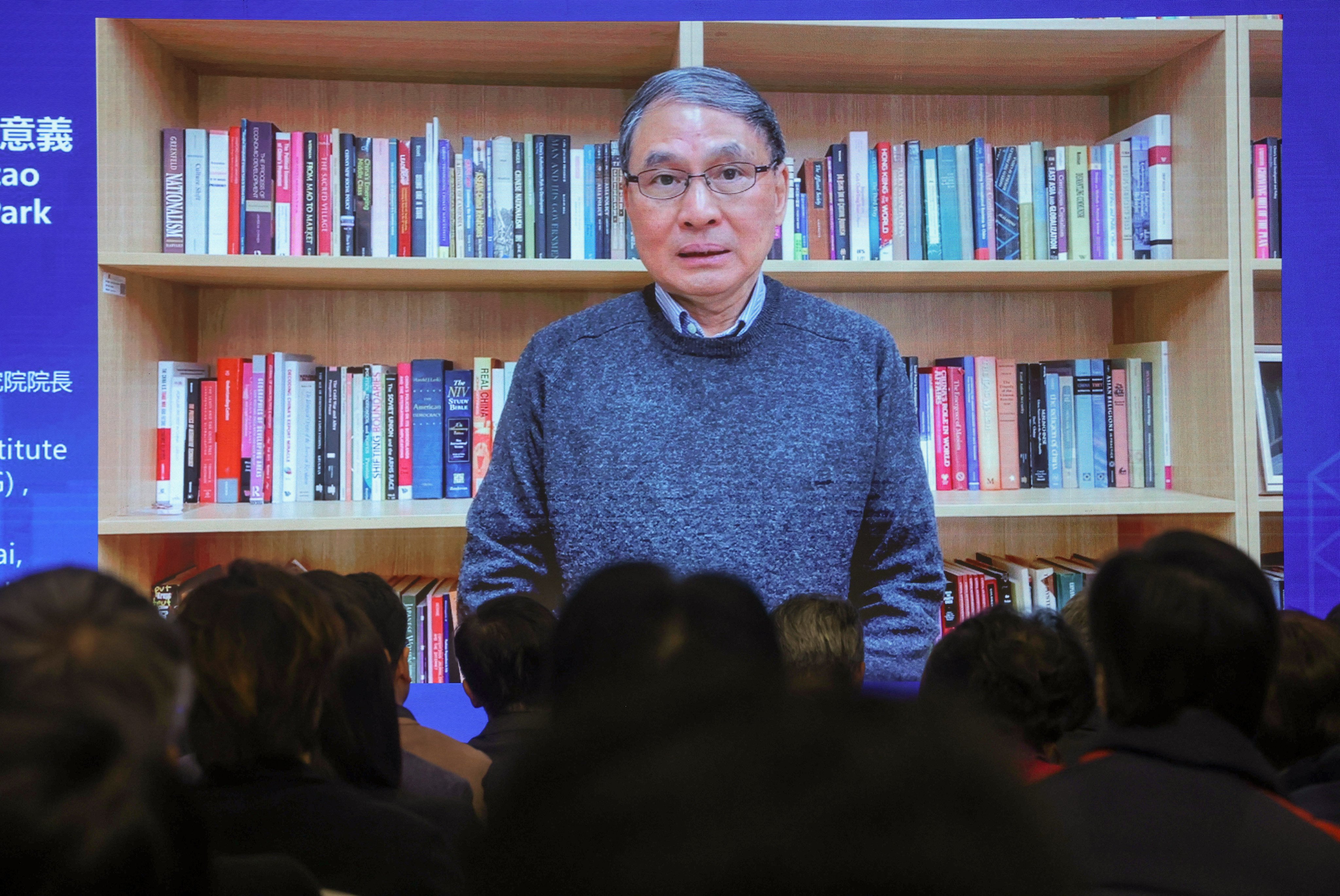 Professor Zheng Yongnian speaking via video link at another event, the Sci-Tech Innovation of GBA seminar in Hong Kong, earlier this year. Photo: Jonathan Wong