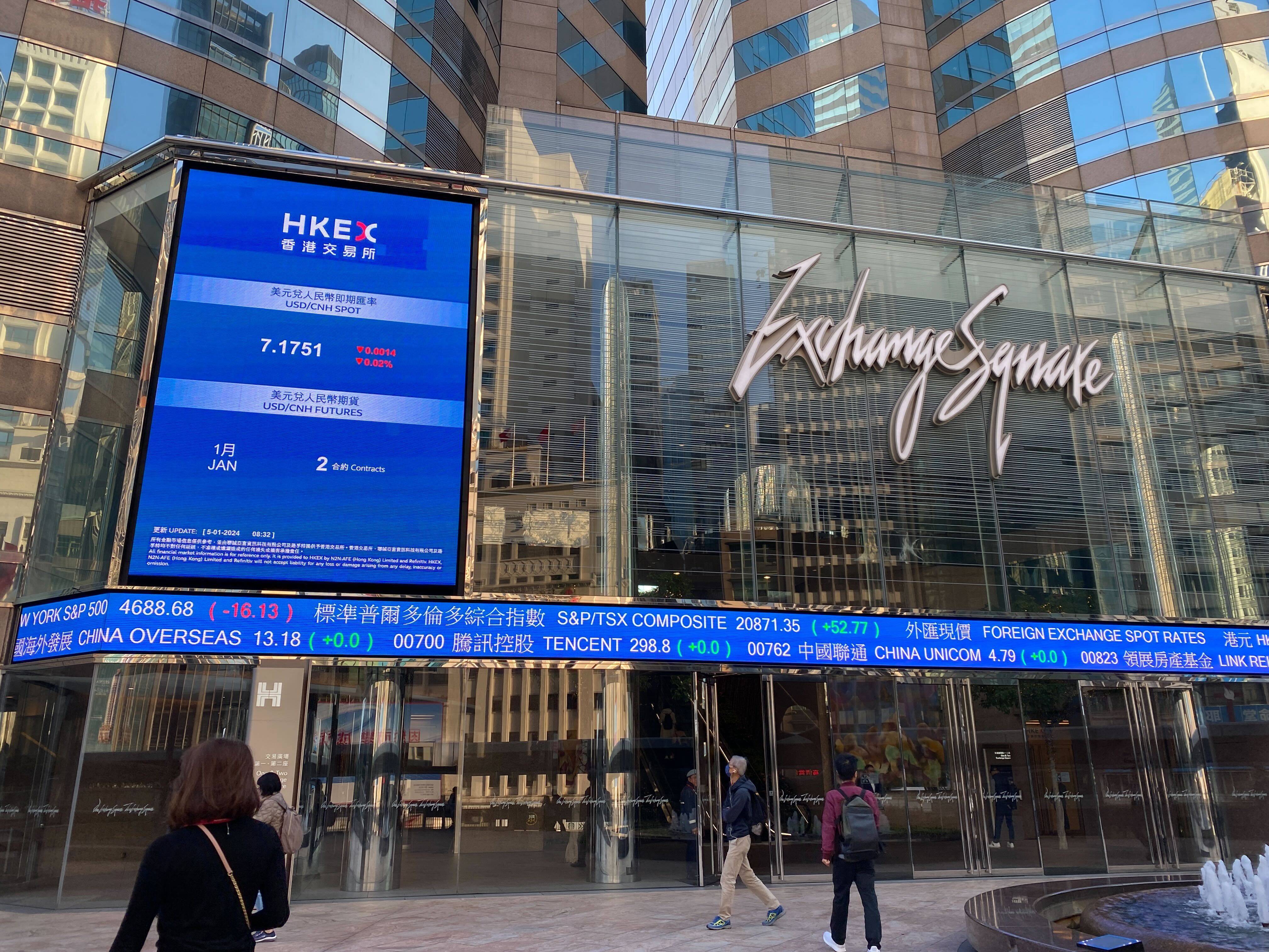 People walking outside the Exchange Square in Central, Hong Kong with screens showing stock prices on January 5, 2024. Photo: Li Jiaxing