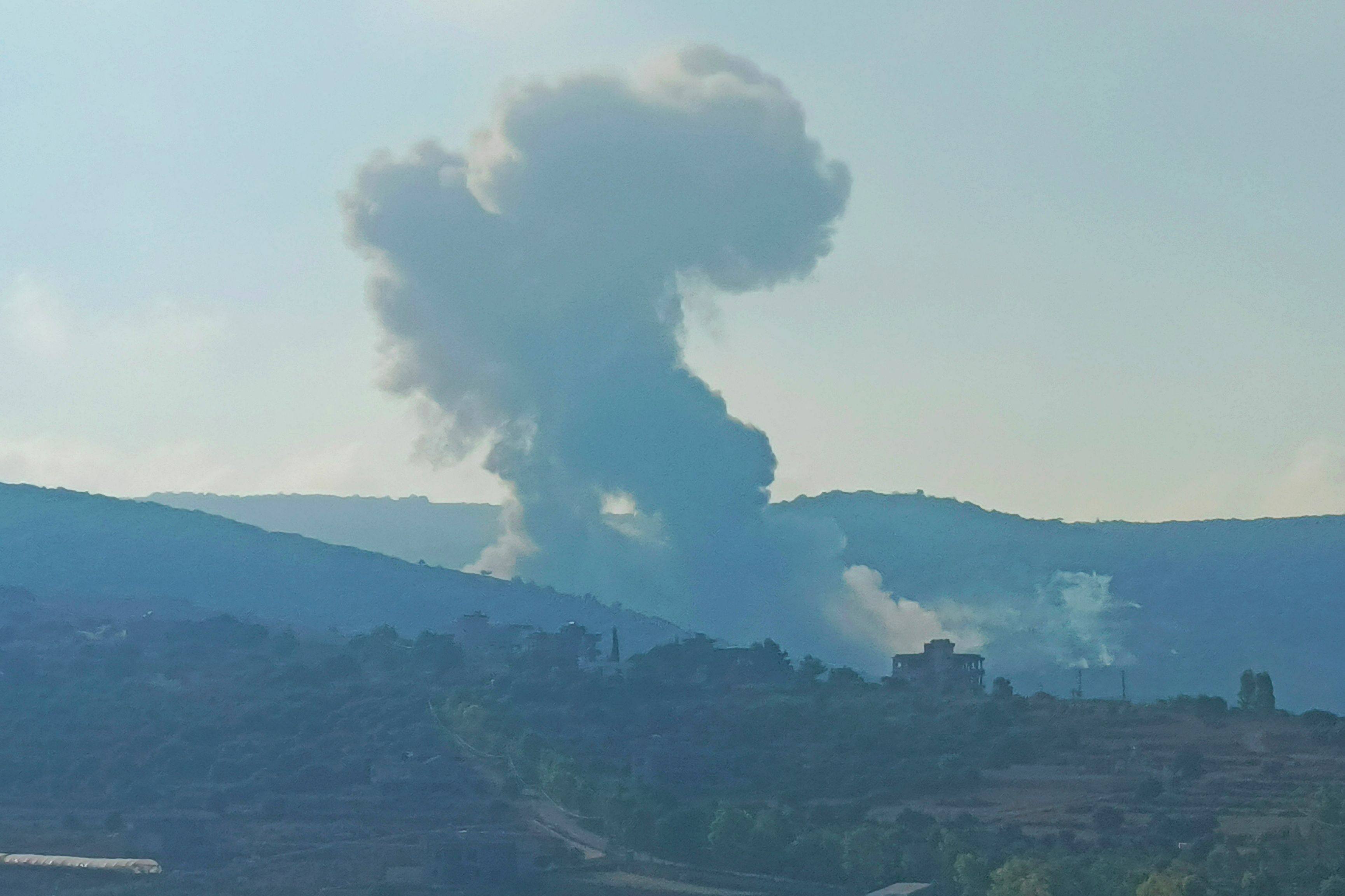 Smoke billows from an area targeted by an Israeli airstrike between the southern Lebanese border villages of Zibqin and Yater. Photo: AFP