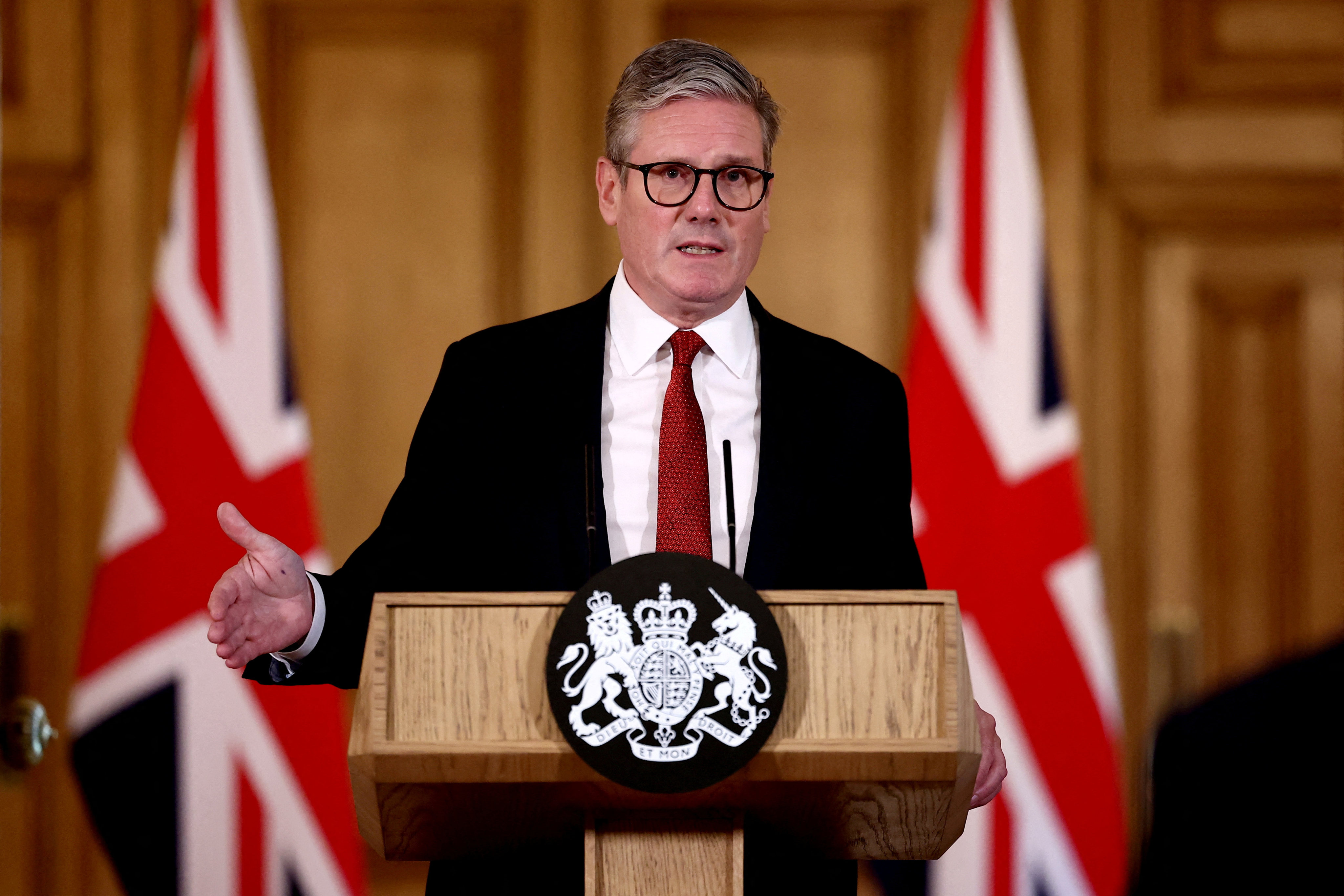 Britain’s Prime Minister Keir Starmer delivers a speech during a press conference at 10 Downing street in London on August 1. Photo: Reuters. 