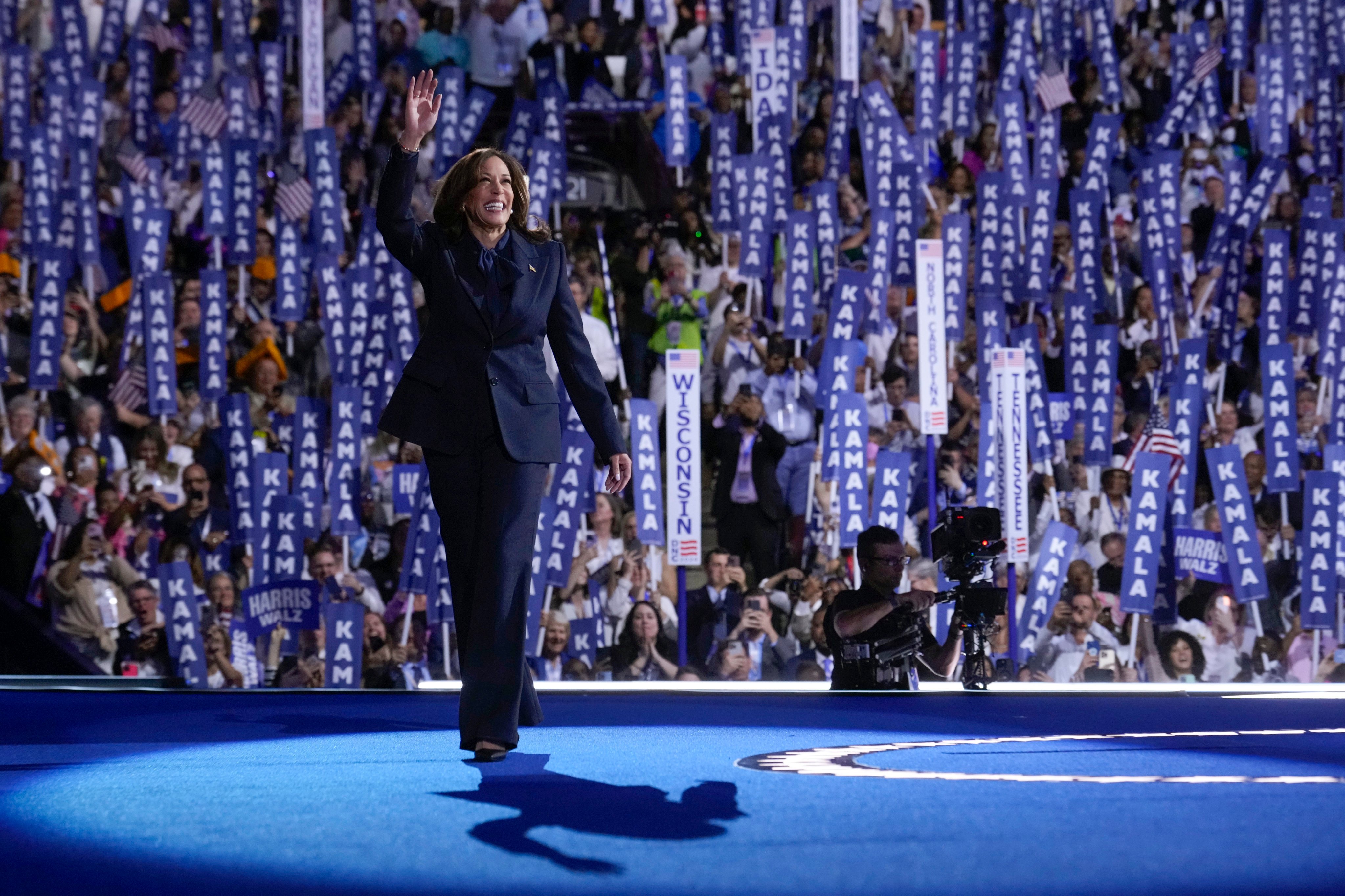 Democratic presidential nominee, Vice-President Kamala Harris, arrives to speak on the final day of the Democratic National Convention. Photo: AP