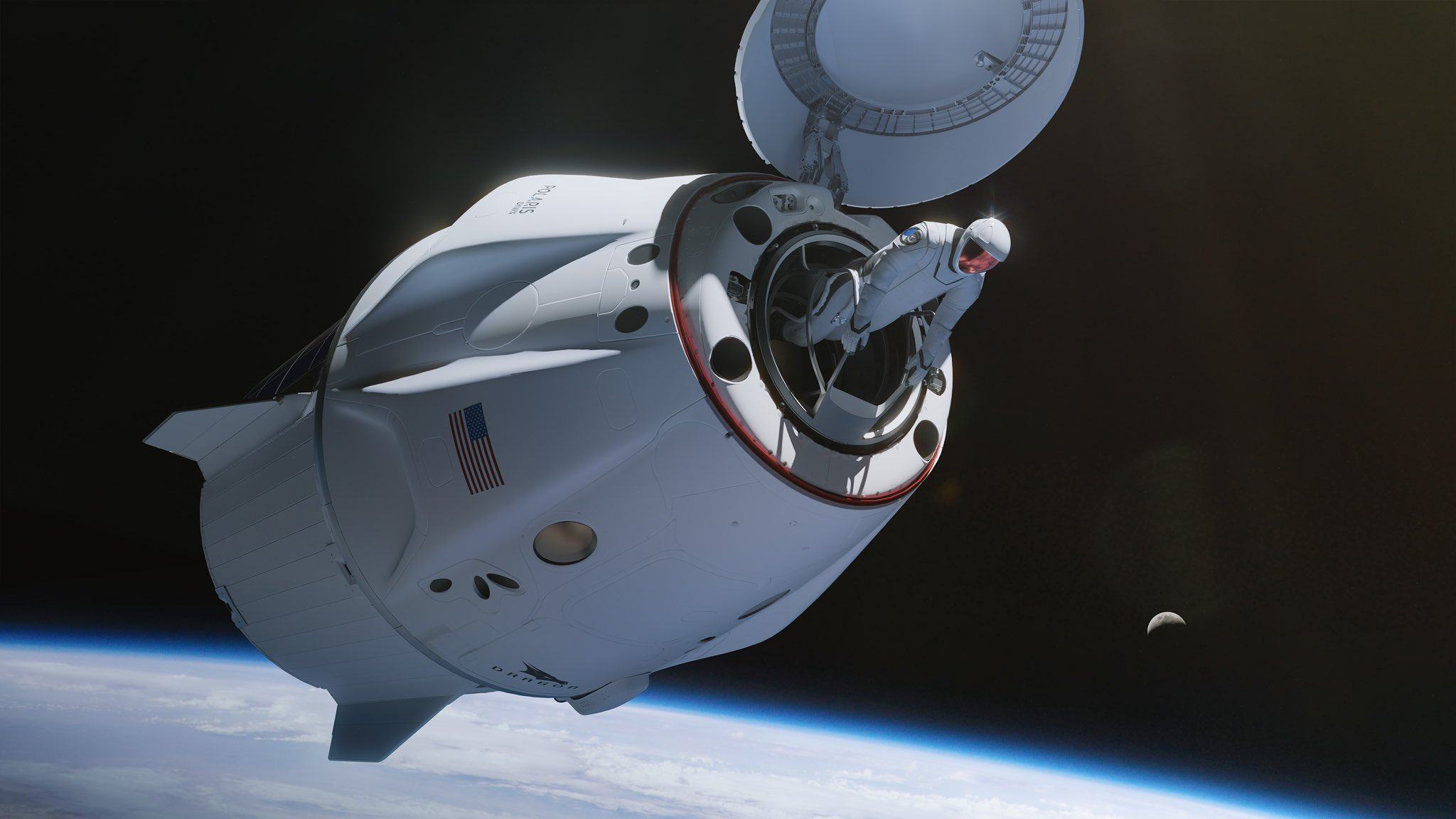 An artist’s impression of a crew member exiting an open hatch of SpaceX Crew Dragon spacecraft to perform a spacewalk. Photo: Polaris Programme via X