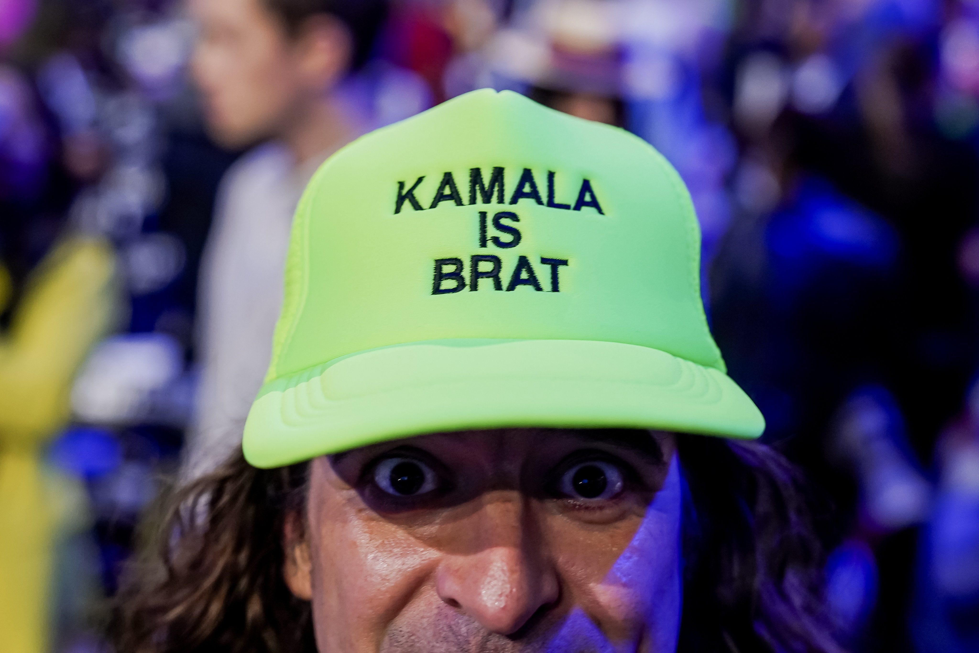 A supporter wears a “Kamala IS brat” hat during the final night of the 2024 Democratic National Convention in Chicago. Photo: EPA