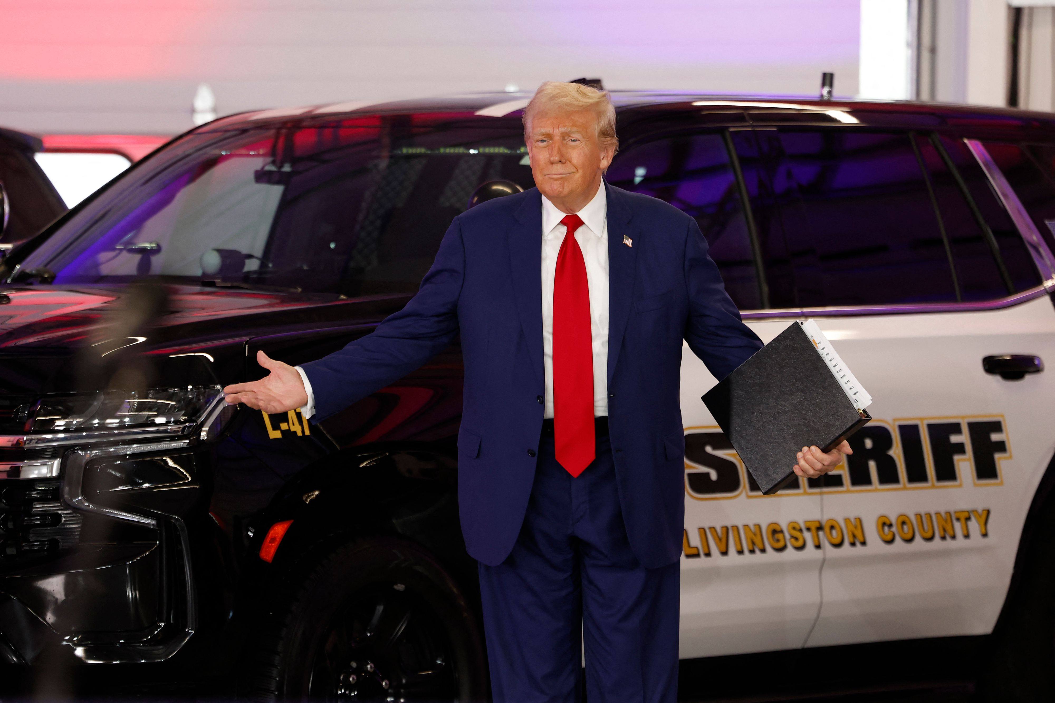 Donald Trump delivering remarks on crime and safety at the Livingston County Sheriff’s Office in Howell, Michigan. Photo: AFP