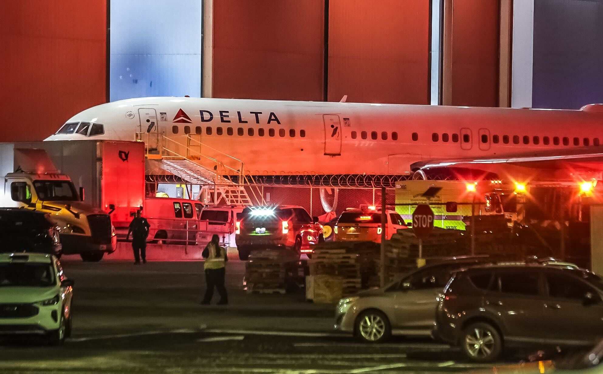 Emergency vehicles at a Delta facility near Hartsfield-Jackson International Airport in Atlanta, Georgia on Tuesday. Photo: The Atlanta Journal-Constitution via TNS