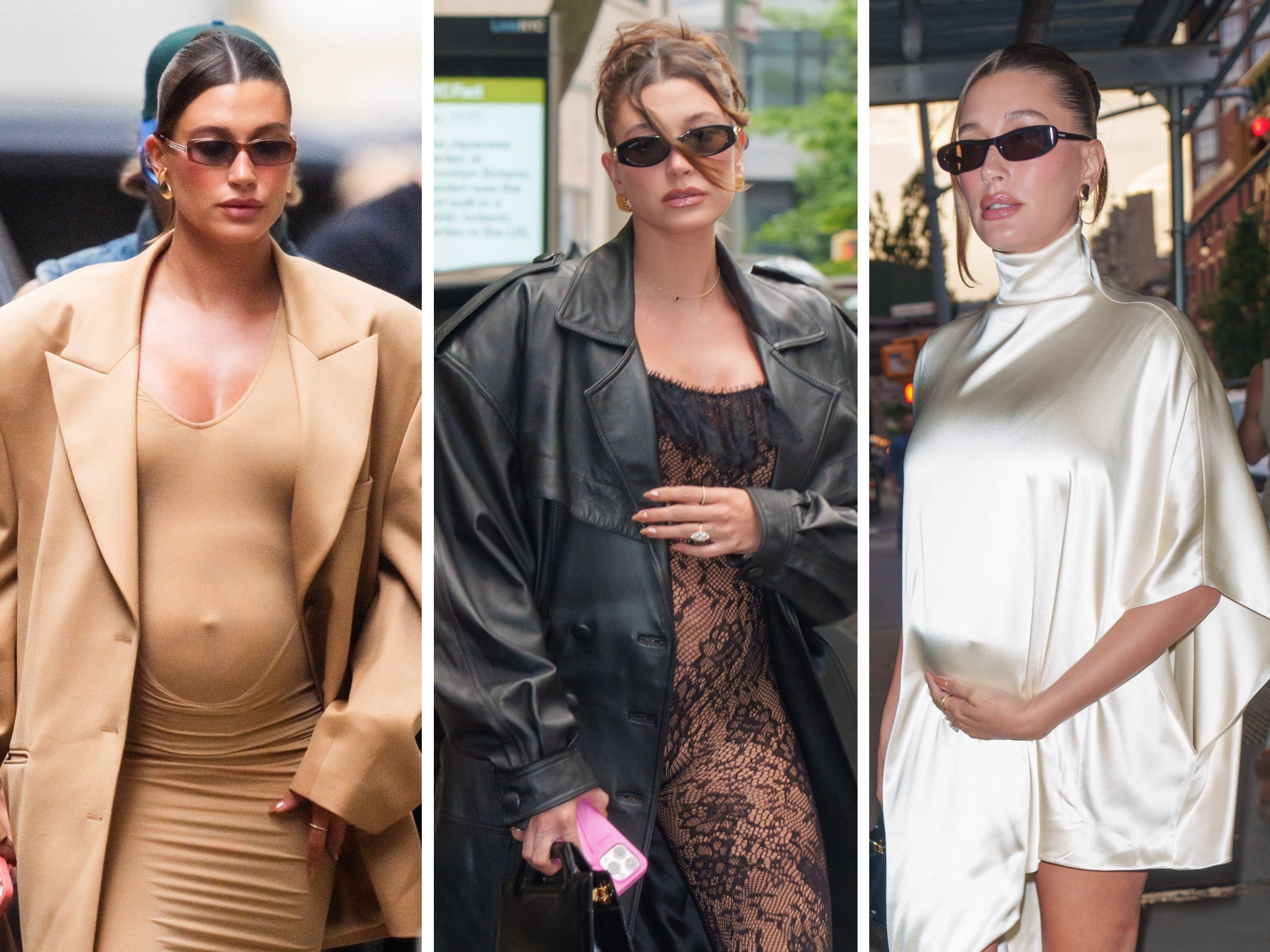 Hailey Bieber has kept up the tradition of stylish celebrity maternity wear in recent months, wearing looks from YSL to Jacquemus. Photos: Getty Images