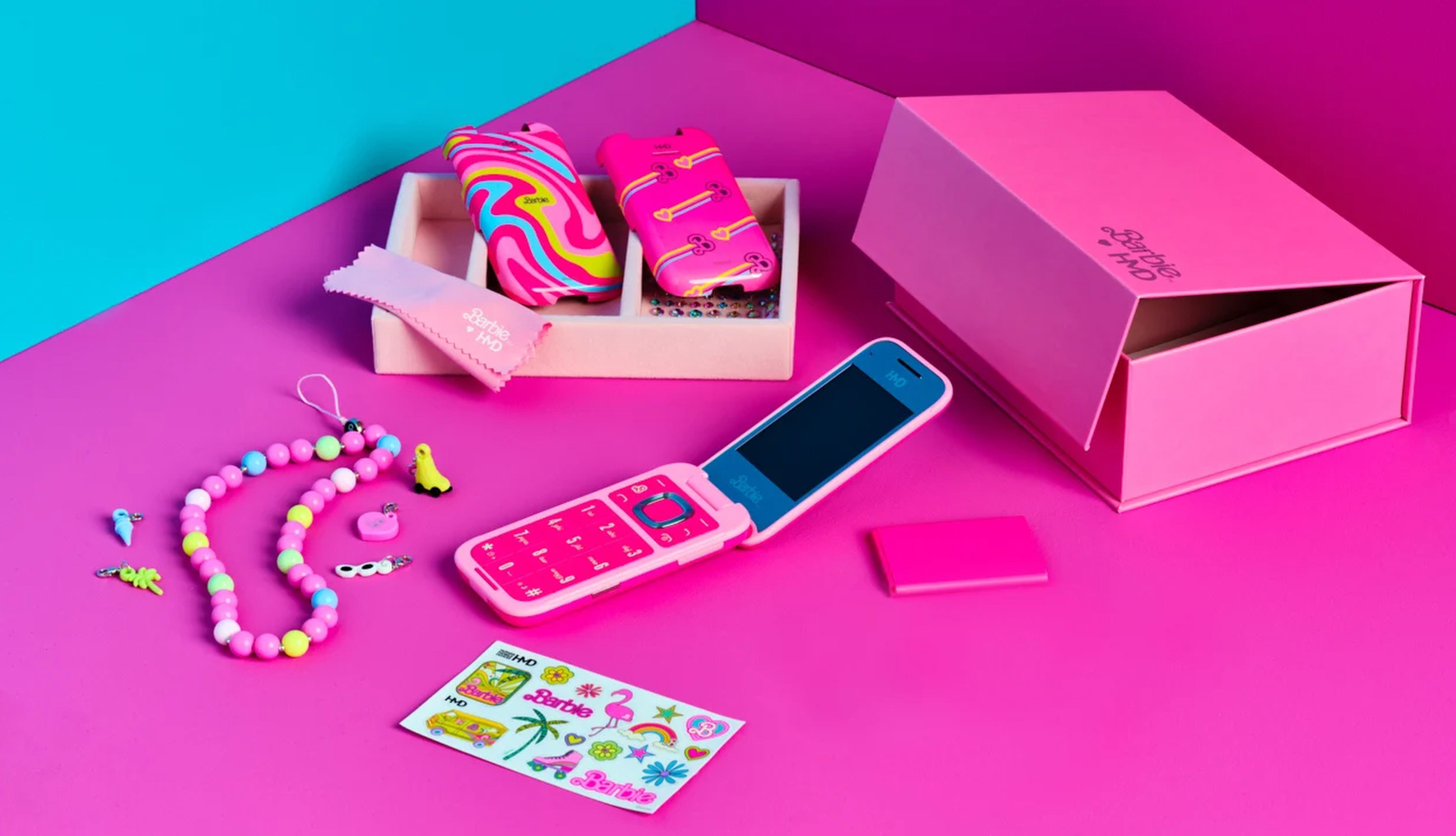 The HMD Barbie Phone comes with colourful cases and wrist strap, but no access to social media apps. Photo: HMD, Mattel