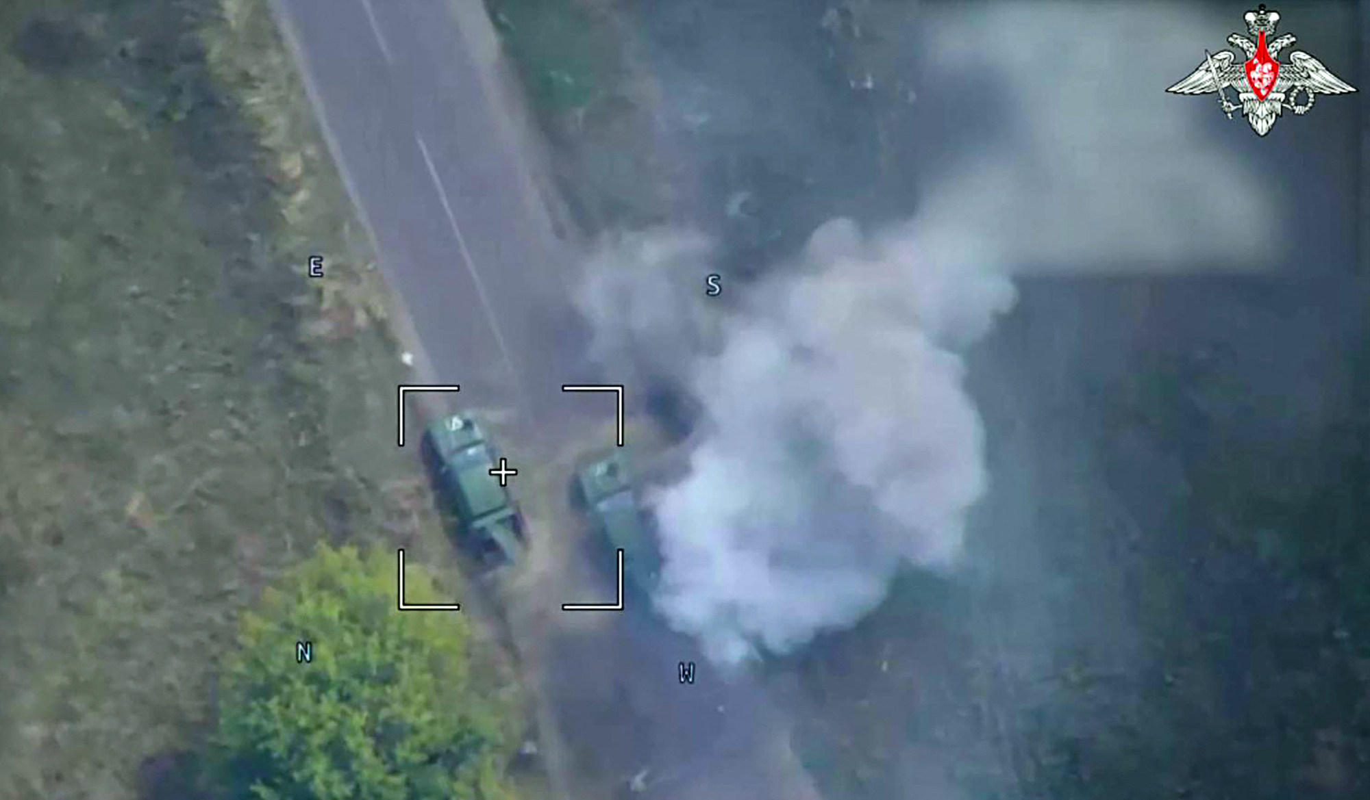 A Russian drone attack on Ukrainian armoured vehicles in Kursk Region, Russia on August 12. Photo: Russian Defence Ministry via AFP