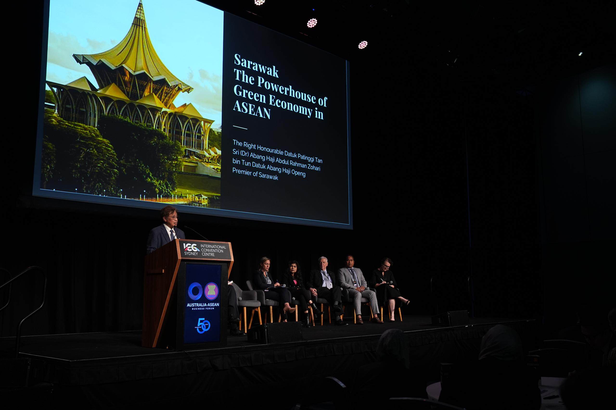 Sarawak premier Abang Johari Openg speaking at the opening of the Asean-Australia Business Forum on August 29. Photo: Sarawak Public Communication Unit & TVS
