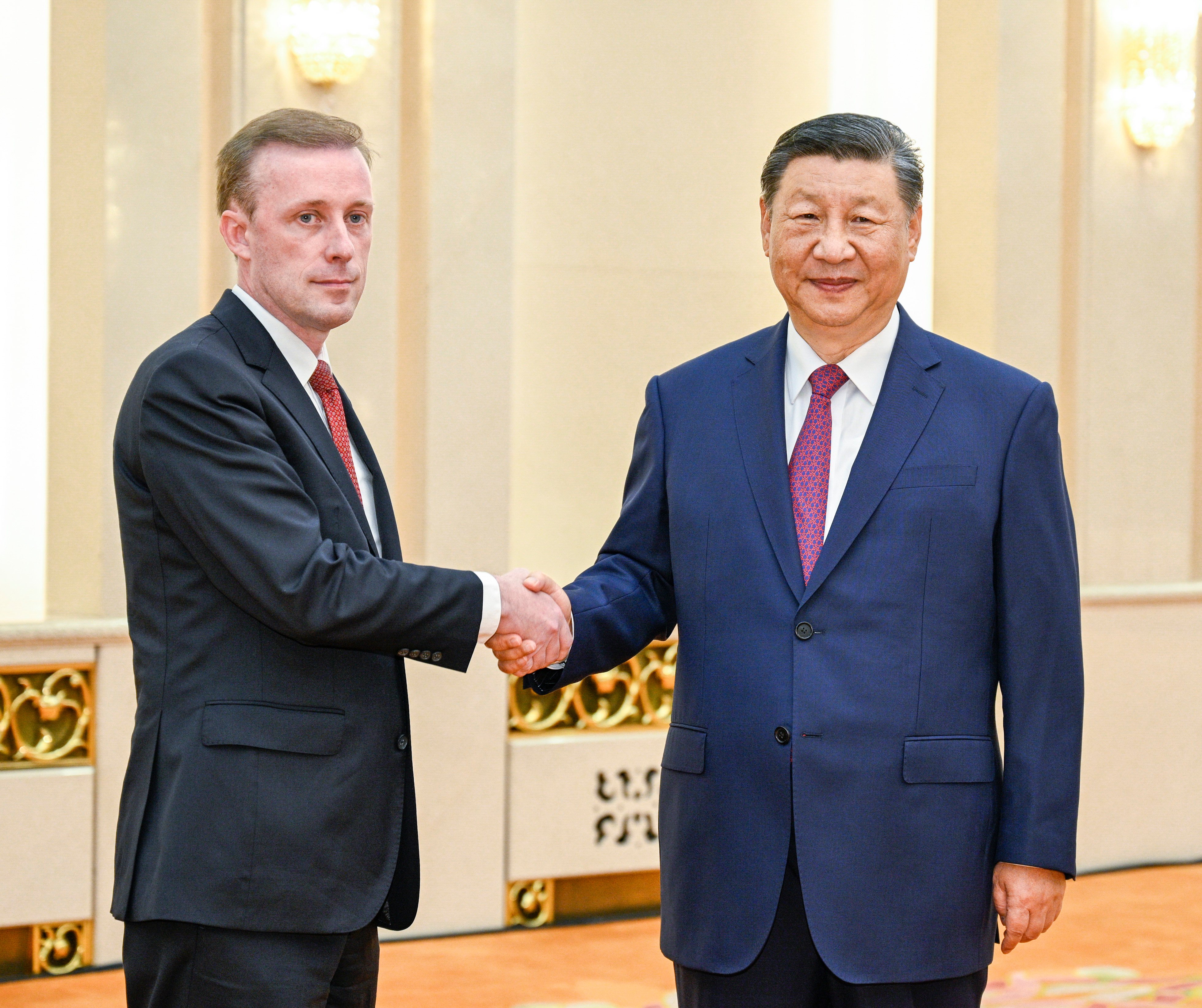 US national security advisor Jake Sullivan (left) meets Chinese President Xi Jinping at the Great Hall of the People in Beijing on Thursday. Photo: Xinhua