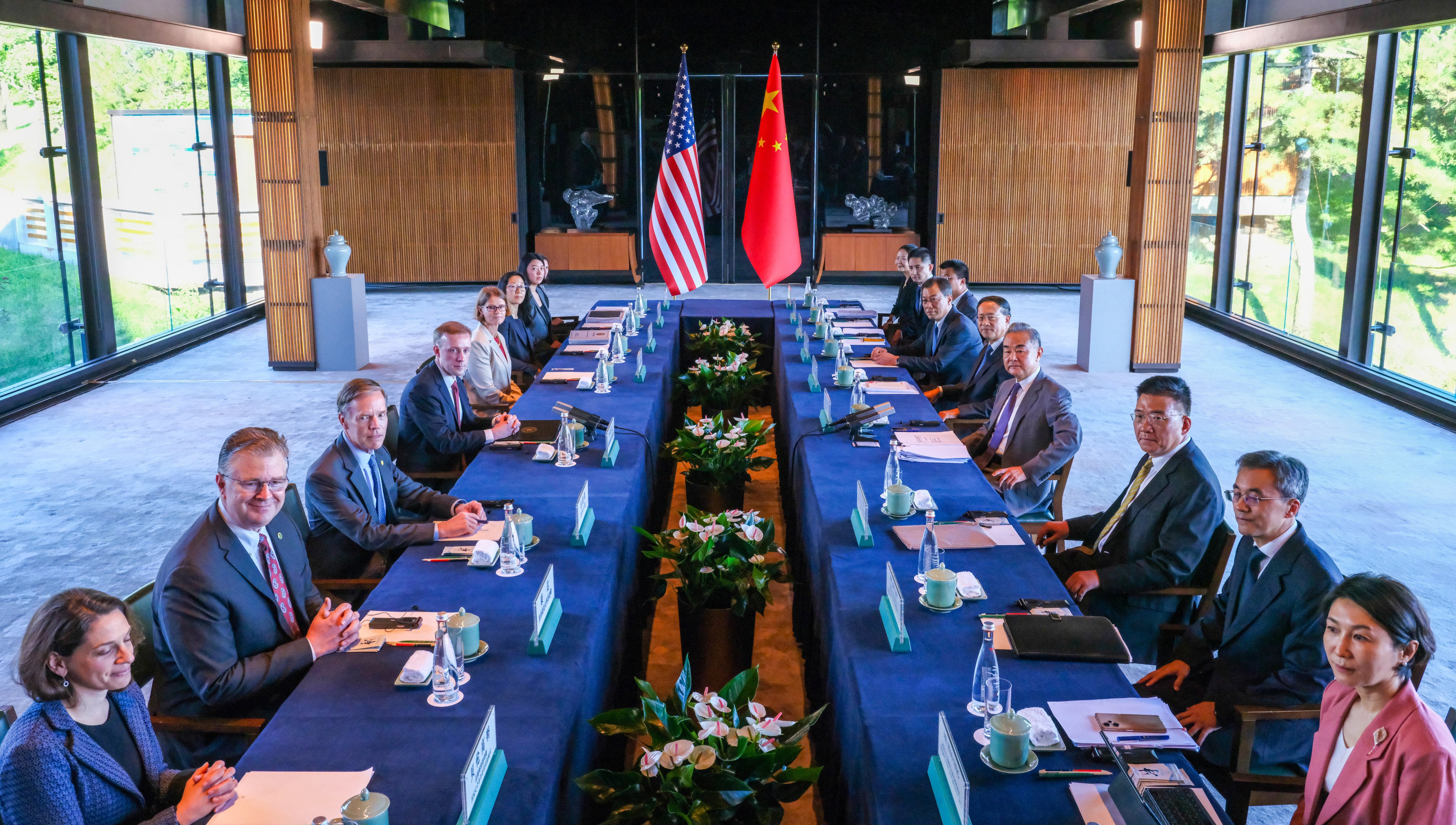 US national security adviser Jake Sullivan (fourth left)  and China’s top diplomat Wang Yi (fourth right) hold talks at Yanqi Lake in Beijing on Tuesday. Photo: Xinhua