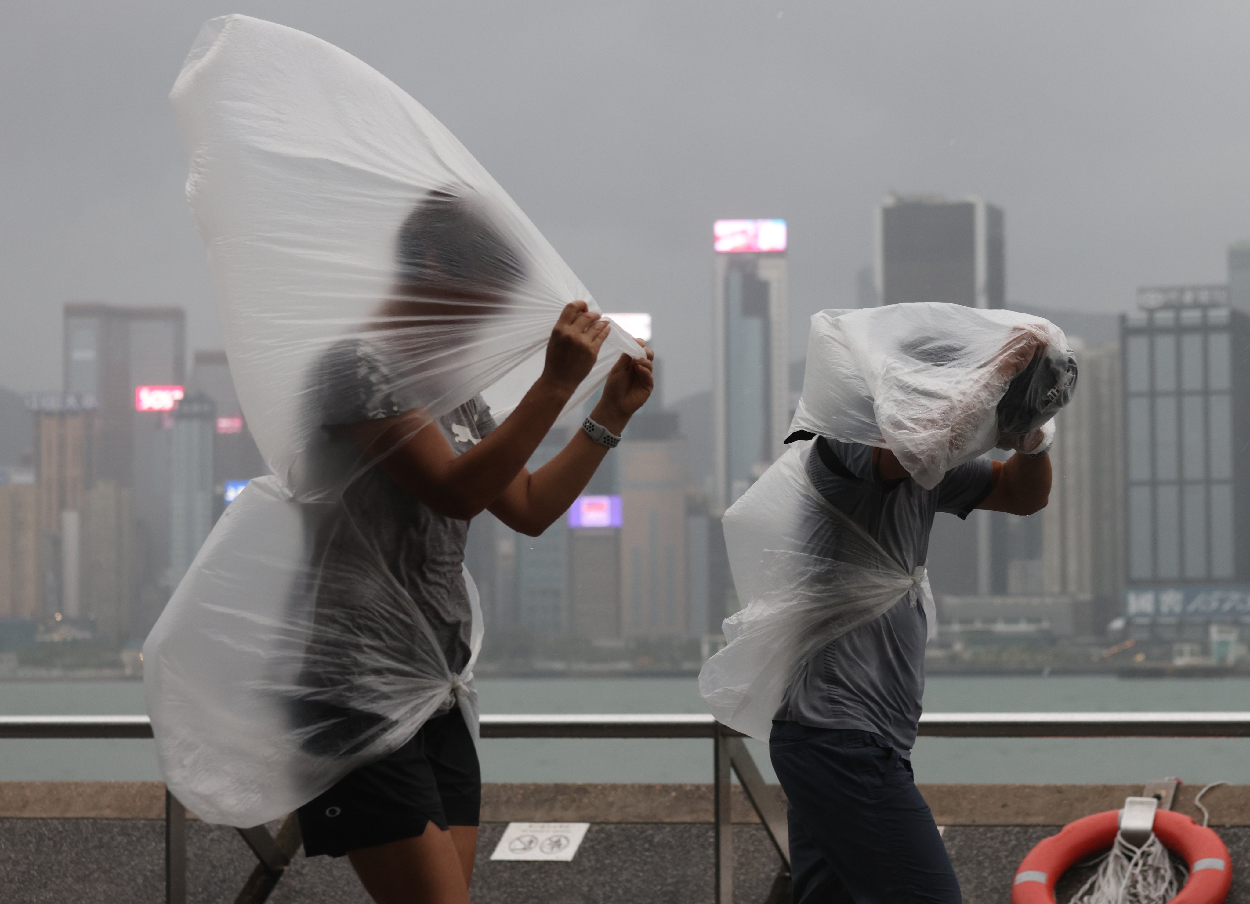 People walk along Tsim Sha Tsui Promenade under a No 8 typhoon signal as Super Typhoon Saola hit the city last year. Photo: Yik Yeung-man