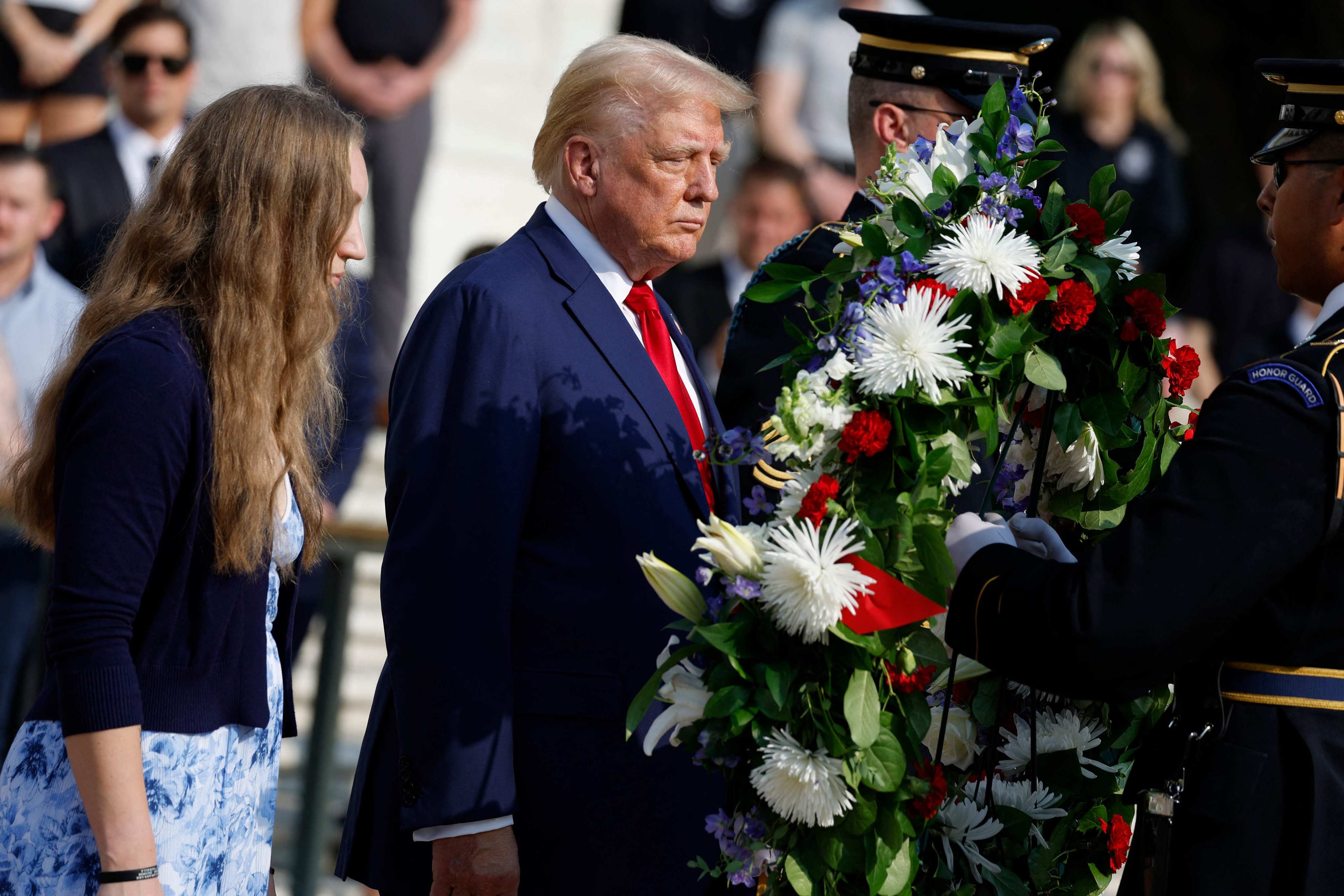 Former US president Donald Trump at a wreath laying ceremony at the Tomb of the Unknown Soldier at Arlington National Cemetery on Monday. Photo: Anna Moneymaker / Getty Images via AFP