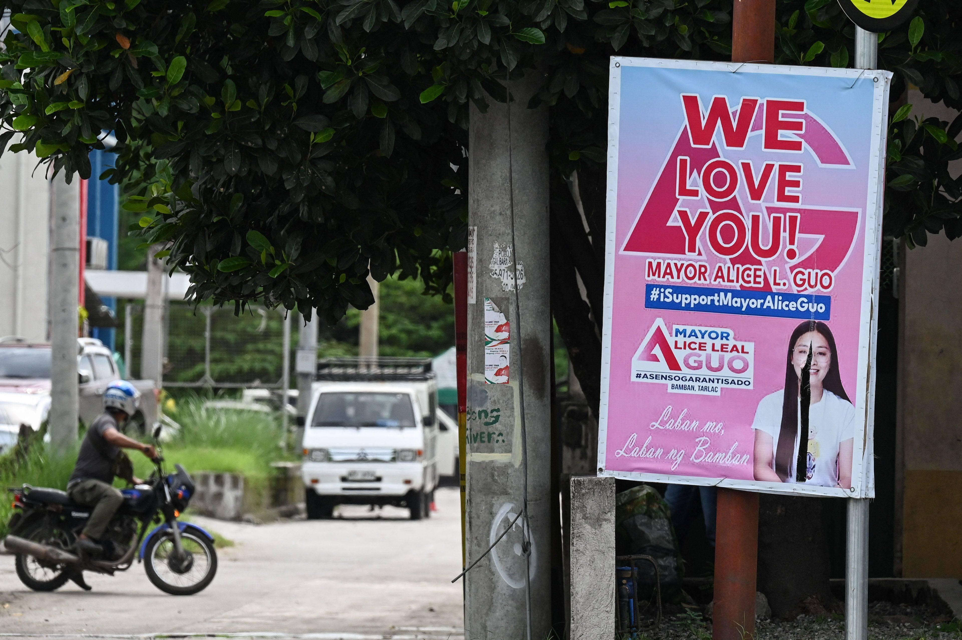 A poster showing support for Bamban Mayor Alice Guo. Photo: AFP