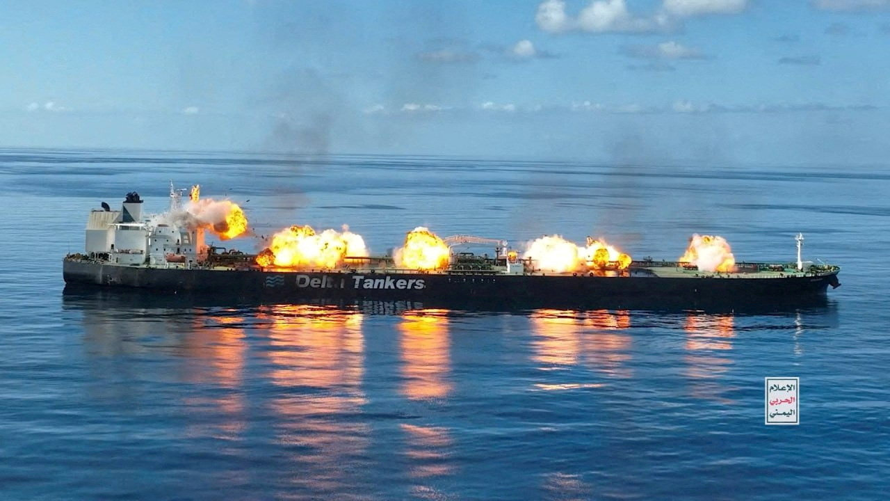 Explosions take place on the deck of the Greek-flagged oil tanker Sounion on the Red Sea, in this picture released August 29. Photo: Houthi Military Media via Reuters