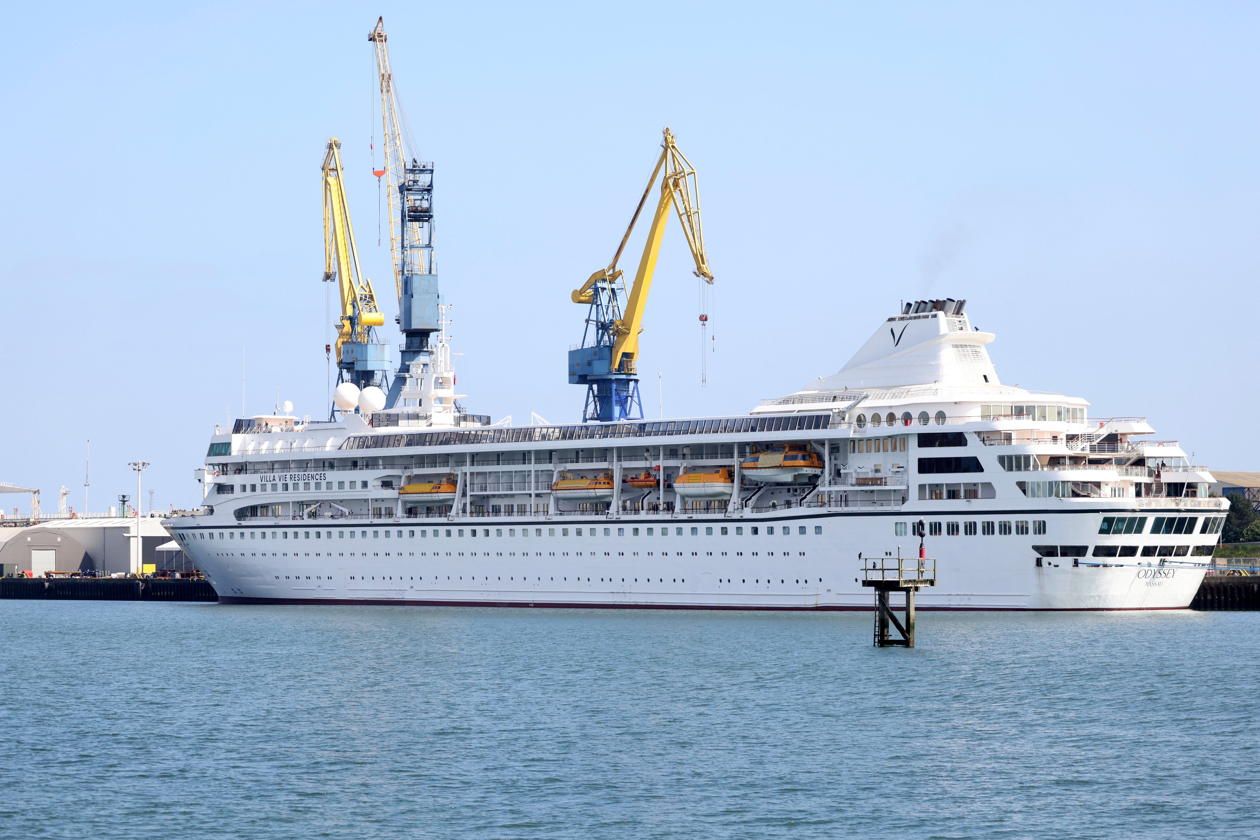 The Odyssey, a US cruise liner operated by Villa Vie Residences, docked at Harland & Wolf ship repair facility in Belfast Harbour, Northern Ireland, on August 30, 2024. Photo: AP