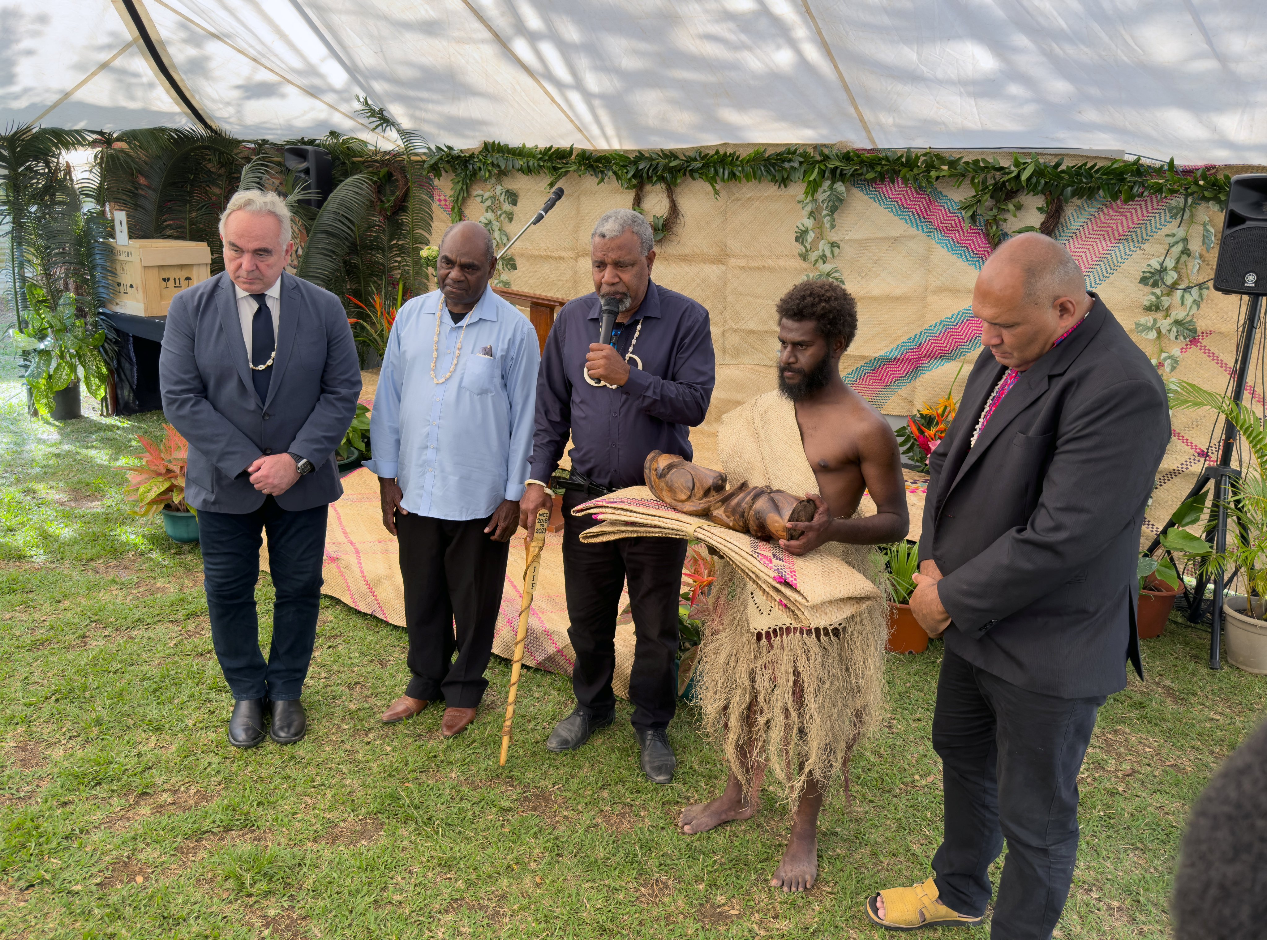 US Deputy Secretary of State Kurt Campbell (left) attends a ceremony in Port Vila, Vanuatu, on Thursday to repatriate sacred human relics seized in New York by the FBI in 2016. Campbell also attended the opening of America’s new embassy in the Pacific nation. Photo: Reuters