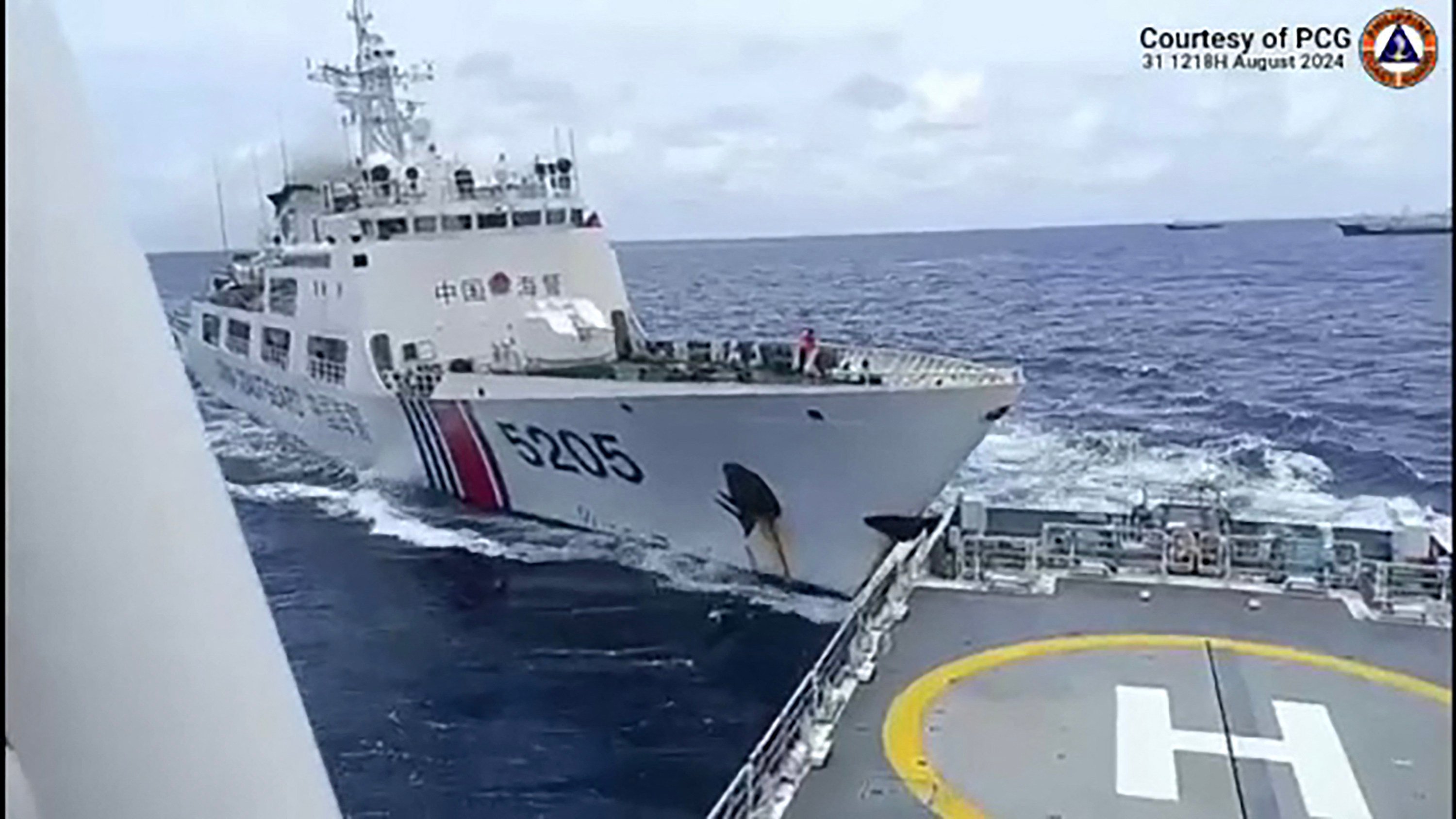 Frame grab from handout video footage taken and released on Saturday by the Philippine Coast Guard shows the collision between a China Coast Guard vessel and the BRP Teresa Magbanua near Sabina Shoal. Photo: AFP / Philippine Coast Guard 