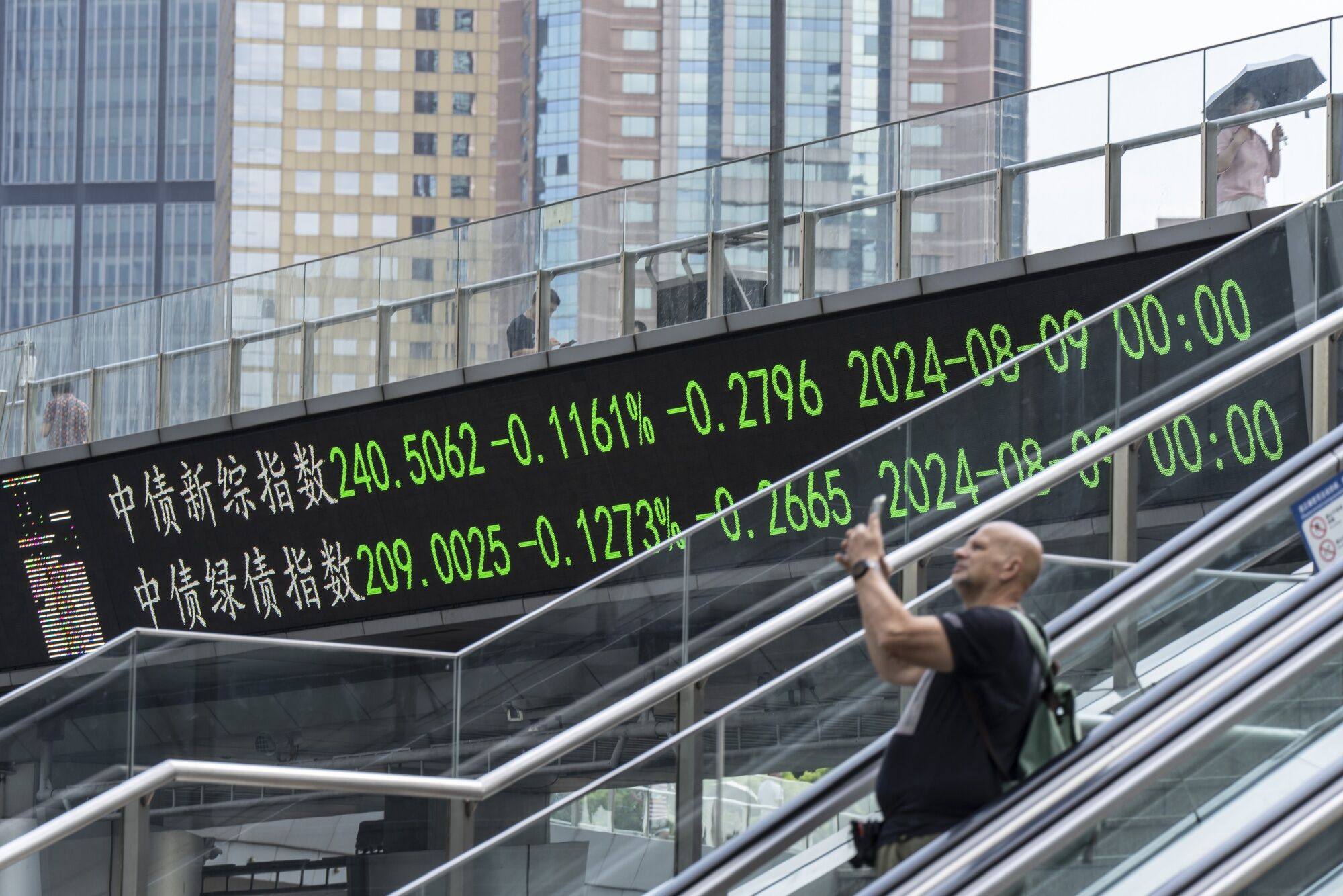 An electronic ticker displays stock figures in Pudong’s Lujiazui Financial District in Shanghai. Photo: Bloomberg