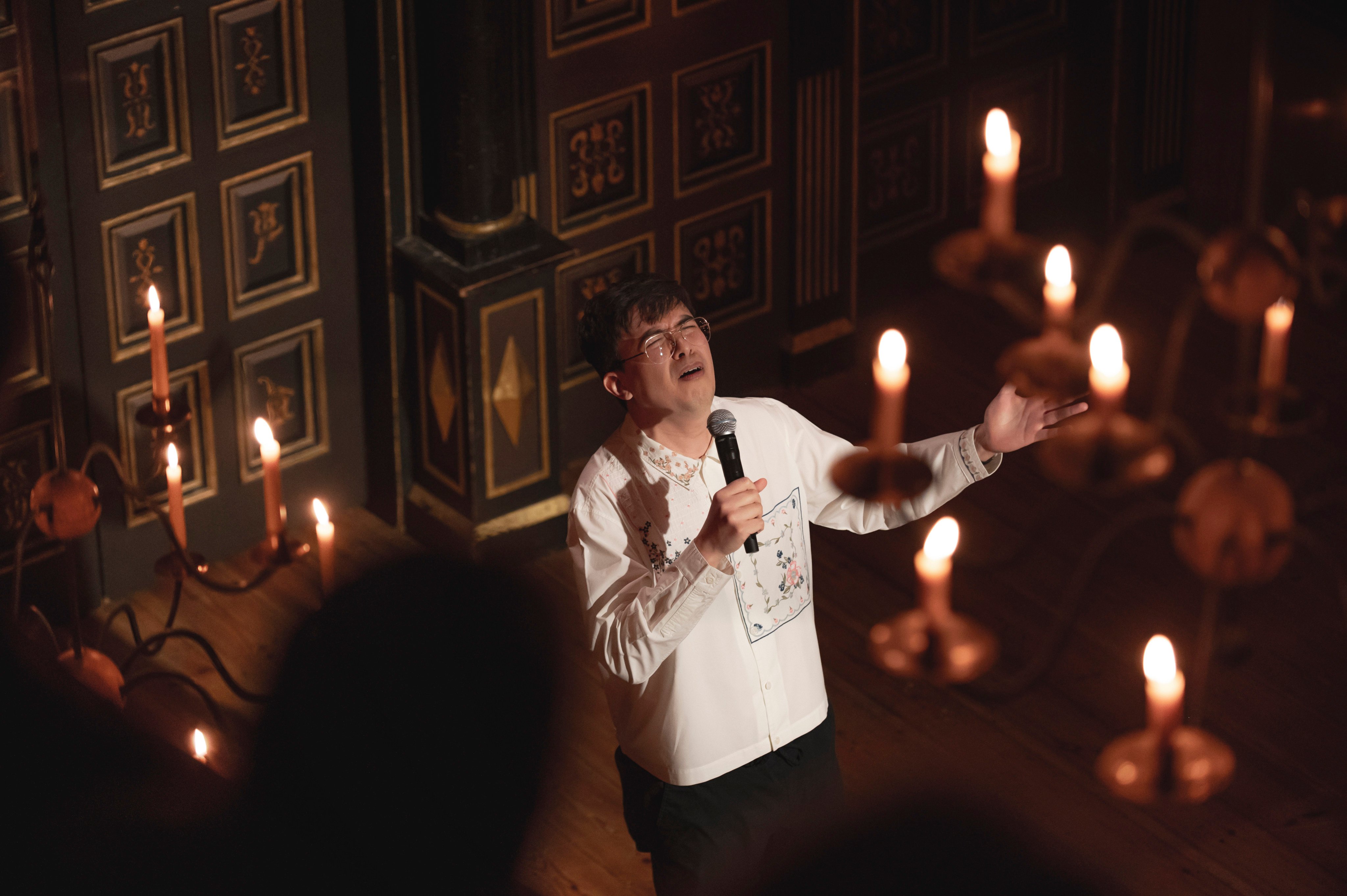 Phil Wang on stage at the Sam Wanamaker Playhouse in London, for Netflix special ‘Wang in There, Baby!’ Photo: Matt Crockett