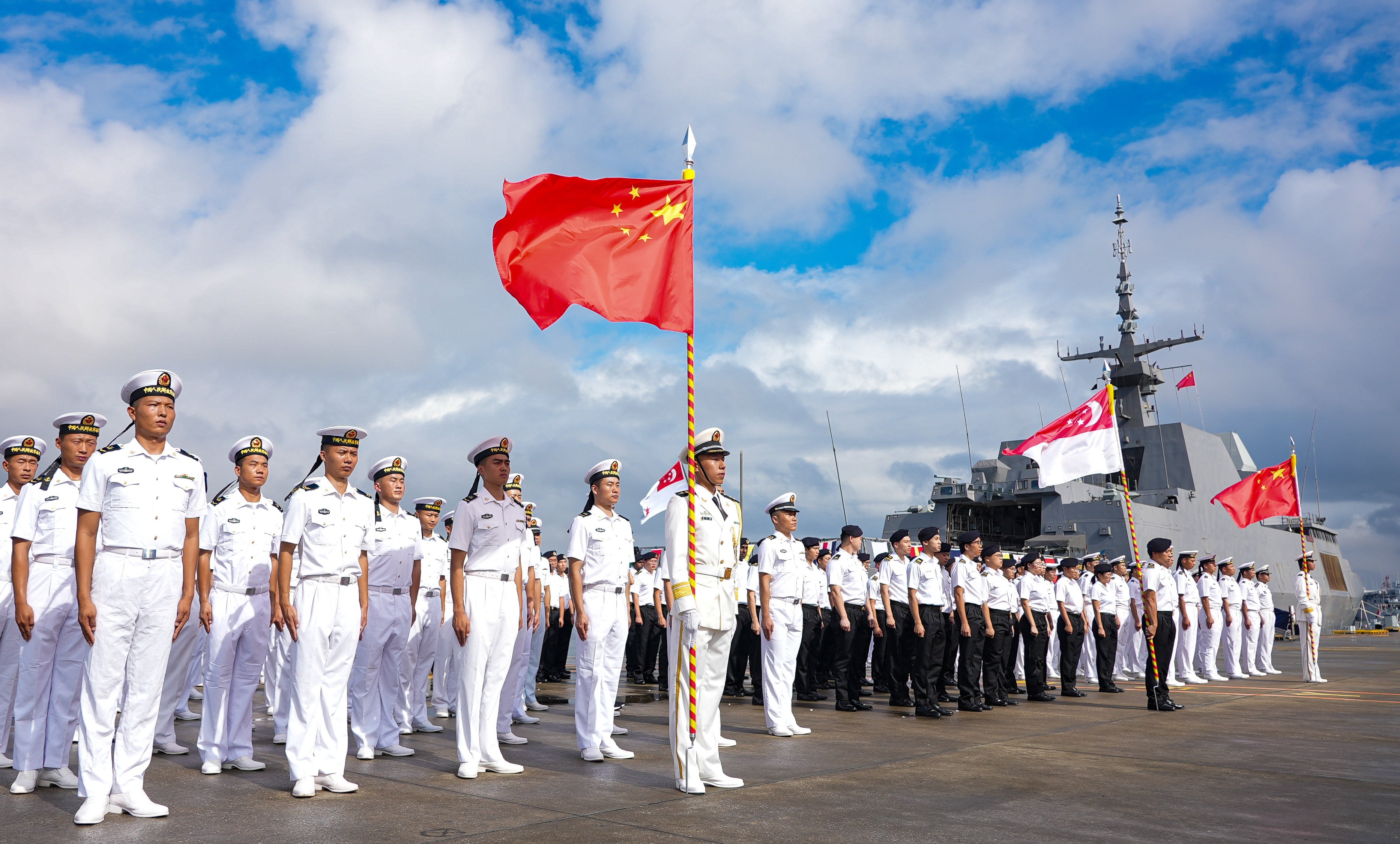 Sailors from China and Singapore attend the opening ceremony of China-Singapore Exercise Maritime Cooperation 2024 near Zhanjiang in southern China on Sunday. Photo: Xinhua