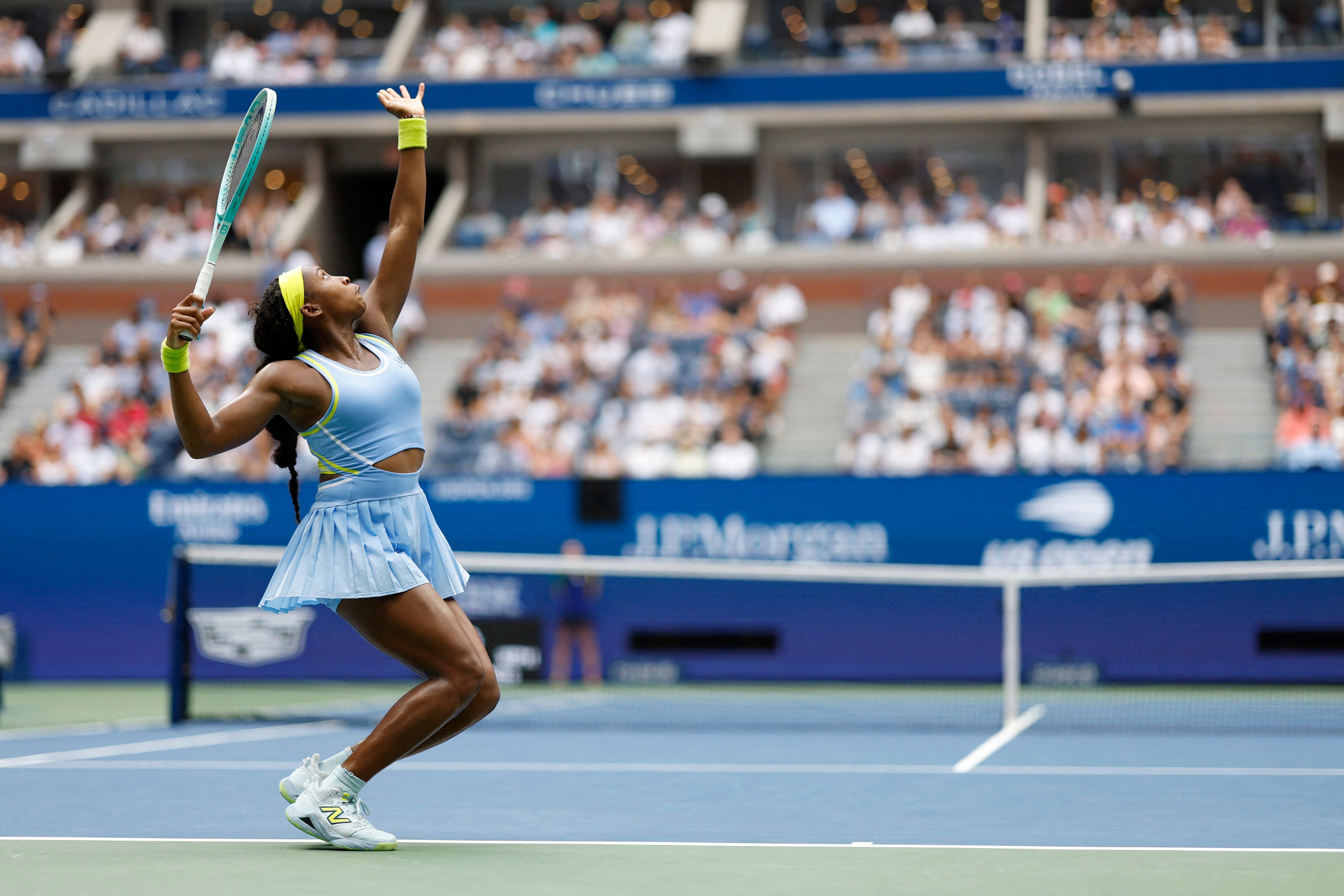 Coco Gauff sent down 19 double faults in her loss to Emma Navarro. Photo: USA TODAY Sports