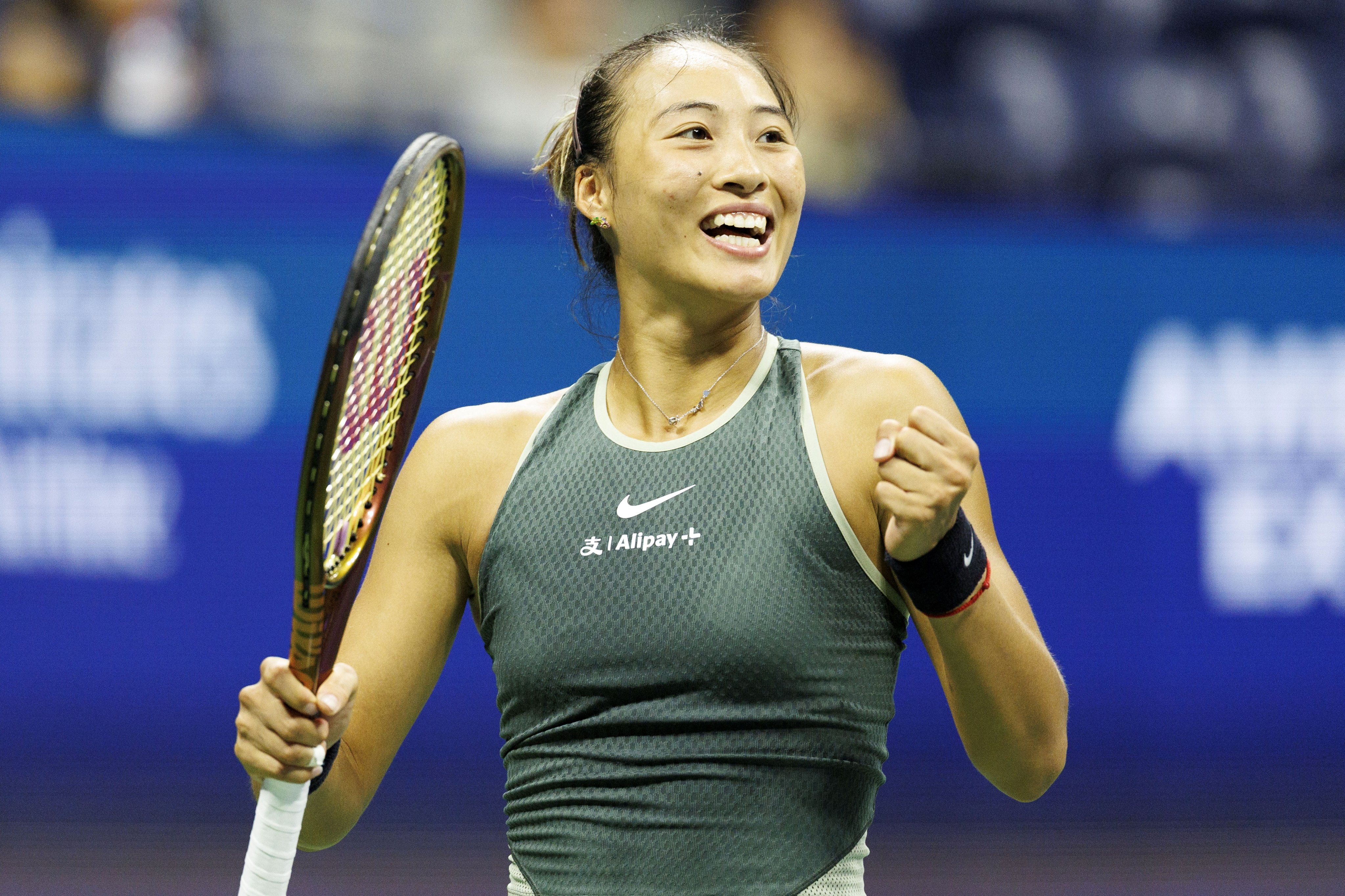 Zheng Qinwen is all smiles as she beat Paris Olympics final opponent Donna Vekic in the round of 16 at the US Open. Photo: AFP