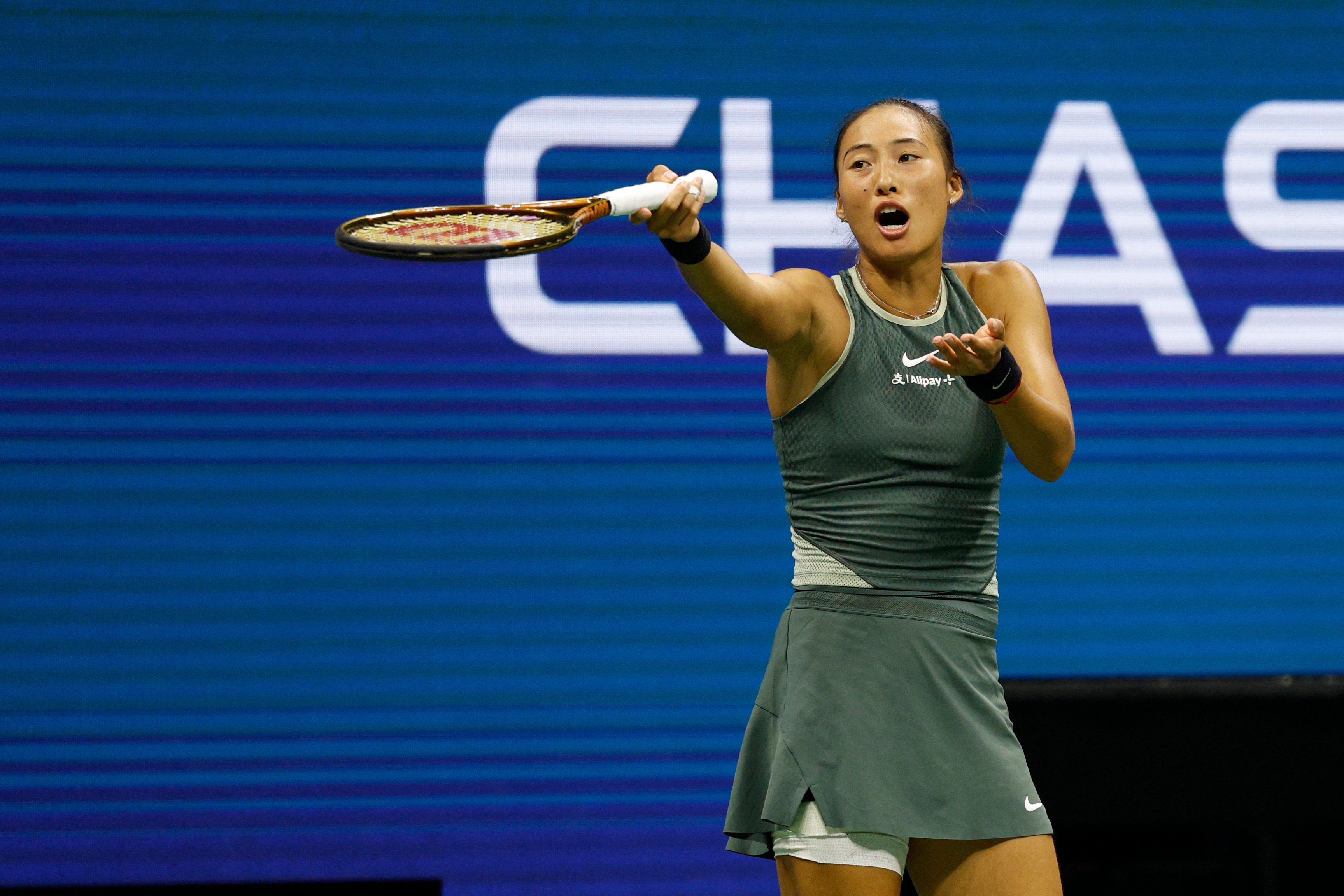 Qinwen Zheng gestures towards fans moving in the stands during play against Donna Vekic in a women’s singles match on day seven of the 2024 US Open tennis tournament. Photo: USA Today Sports via Reuters