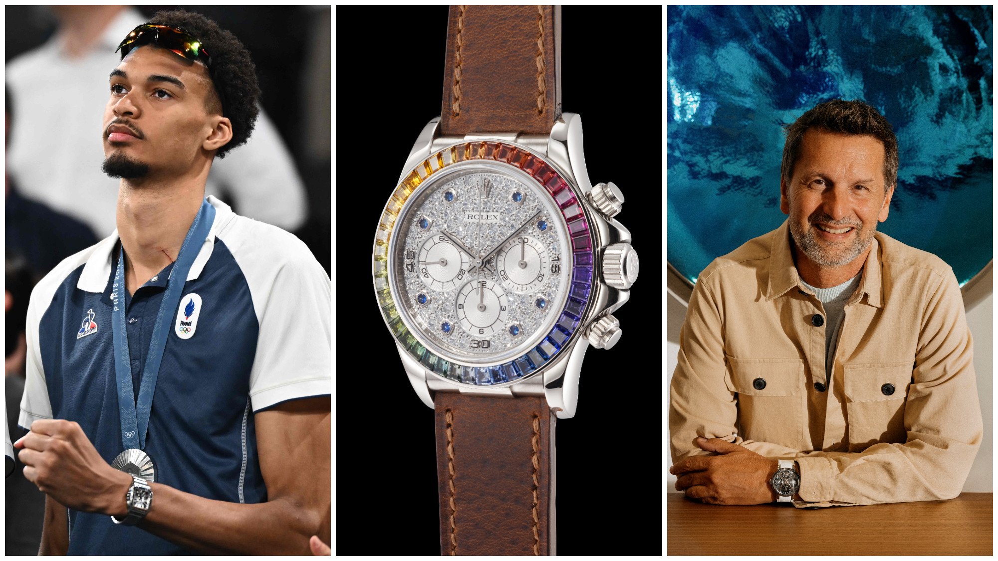 7 highlights from the world of watches including, from left, Victor Wembanyama sporting a Santos de Cartier at the Paris Olympics, the first Rolex Daytona Rainbow going on the block, and Chanel acquiring a 25 per cent stake in MB&F. Photos: Handout