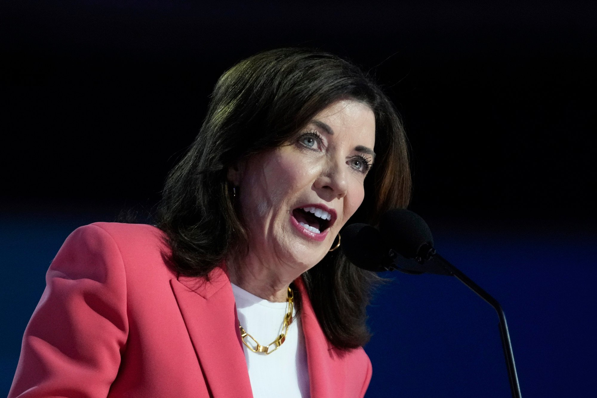 New York Governor Kathy Hochul speaks during the Democratic National Convention in Chicago in August. Photo: AP