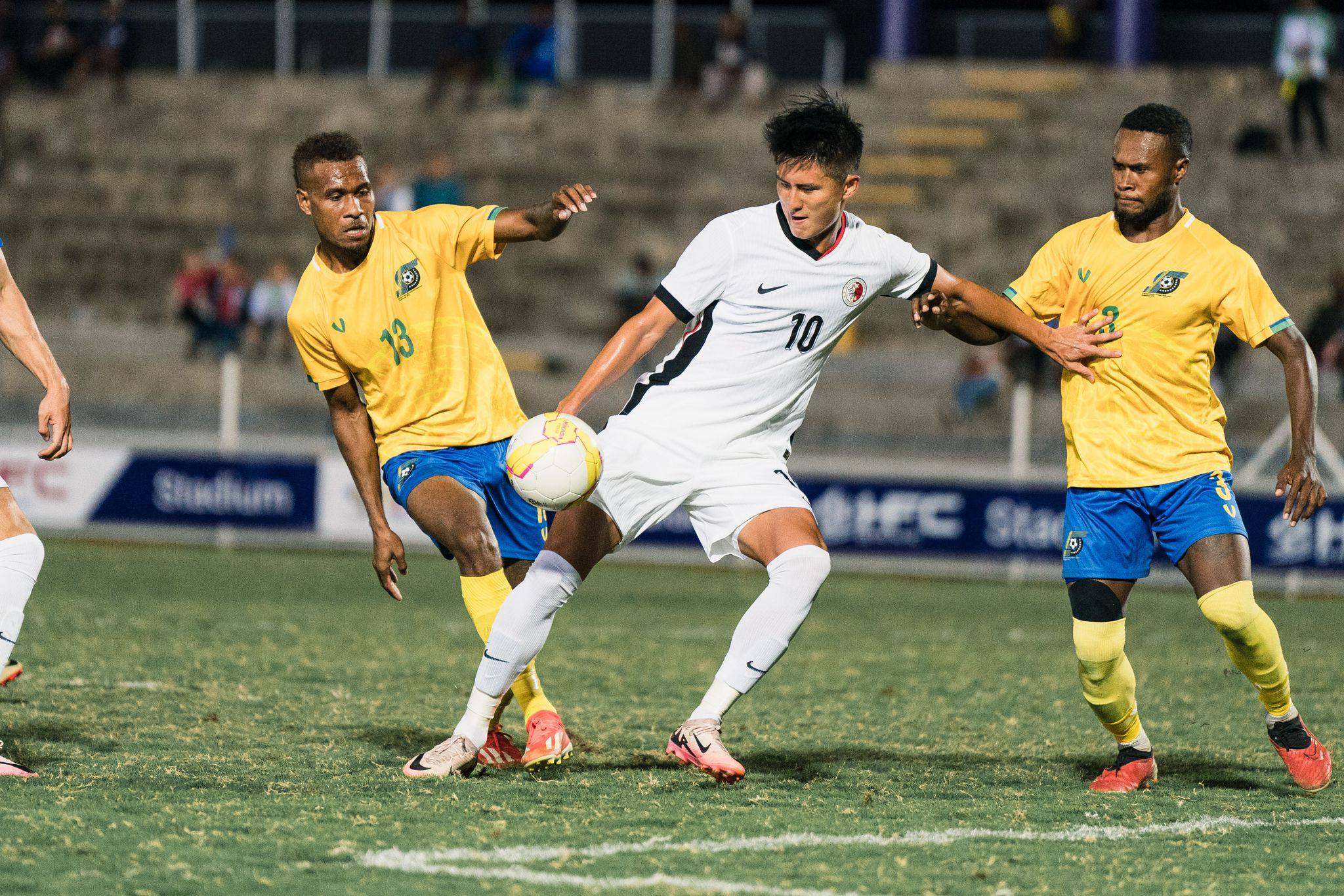 Wong Wai aims a shot during Hong Kong’s convincing victory over Solomon Islands. Photo: HKFA