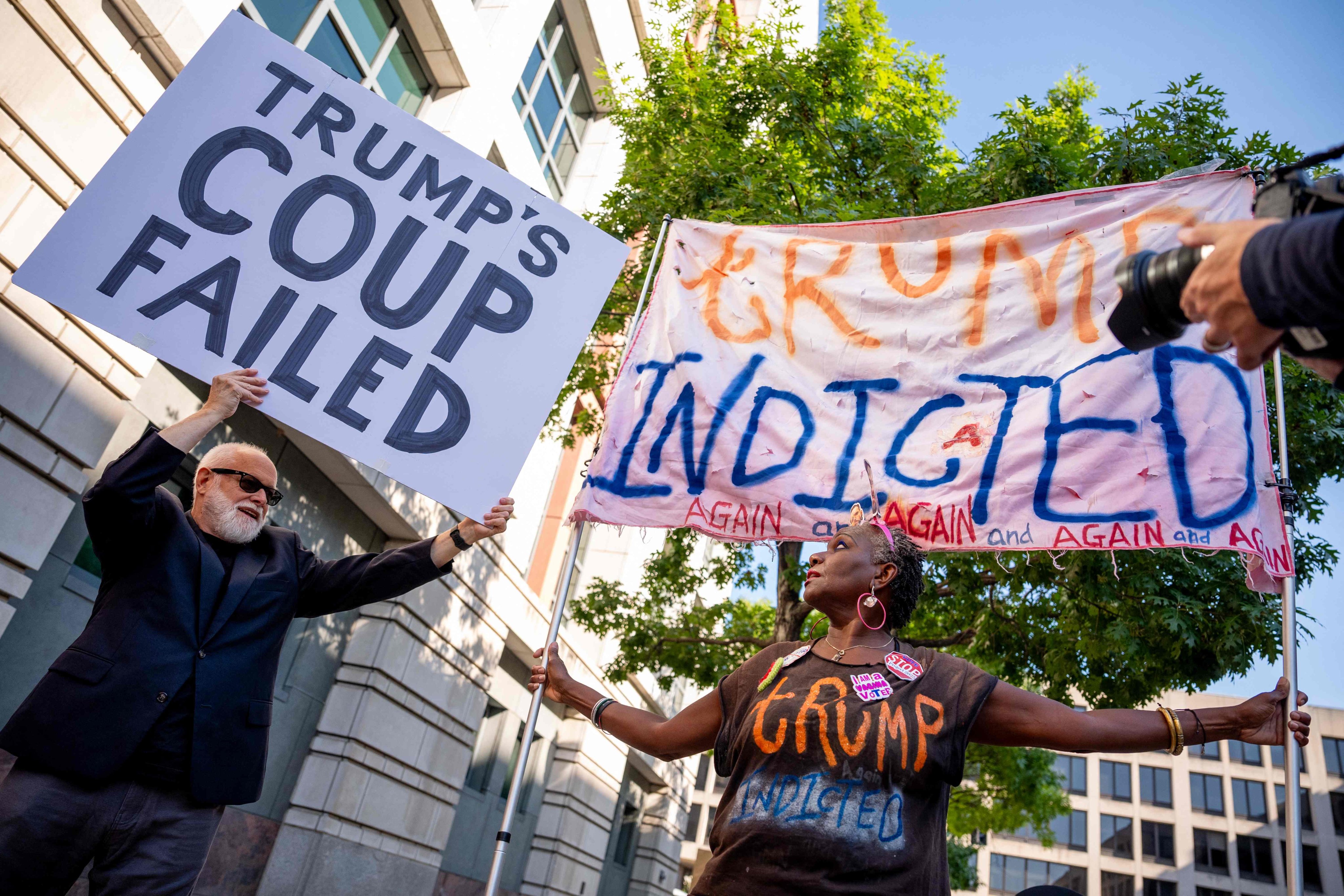 Protesters outside a hearing in Washington on Trump’s election interference case. Photo: AFP