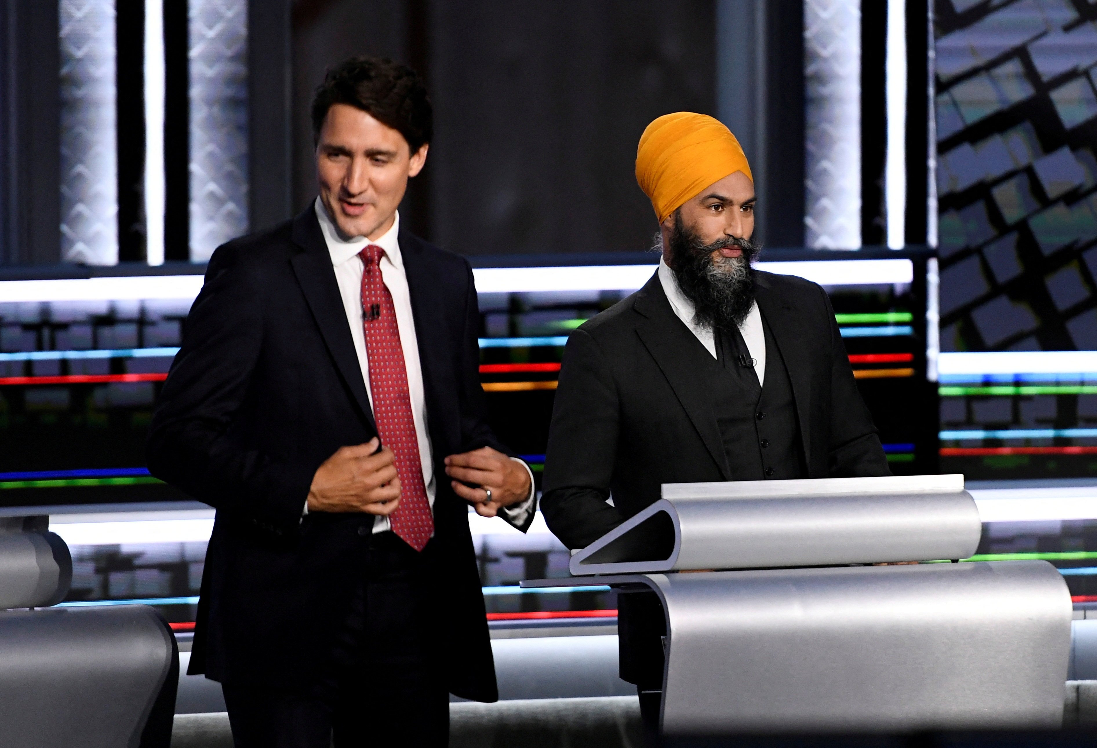 Canadian Prime Minister Justin Trudeau and NDP leader Jagmeet Singh take part in a debate in Gatineau, Quebec, in September 2021. Photo: Reuters