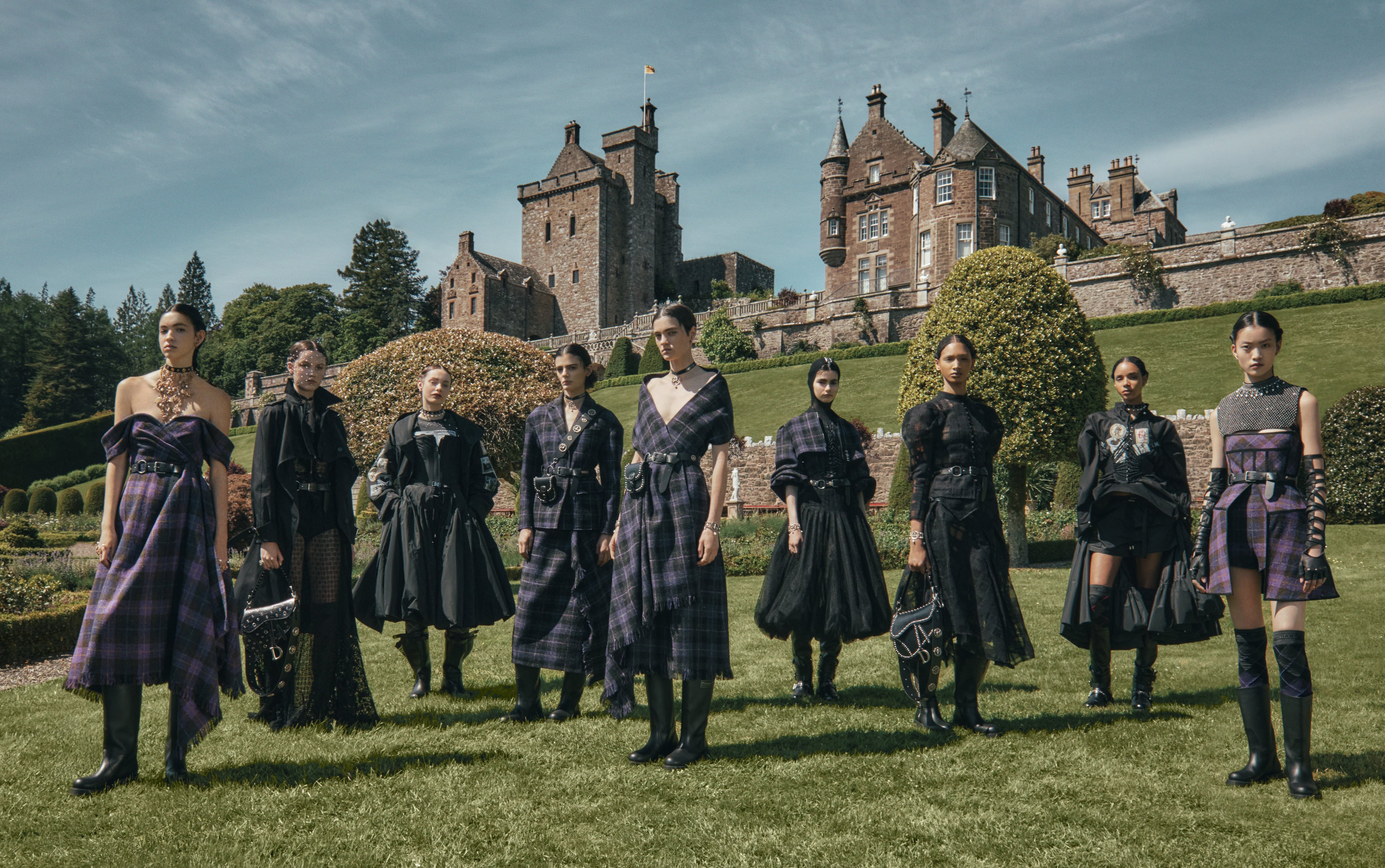 A group of models pose at Scotland’s Drummond Castle, where they presented the Dior Cruise 2025 collection. Photos: Handout